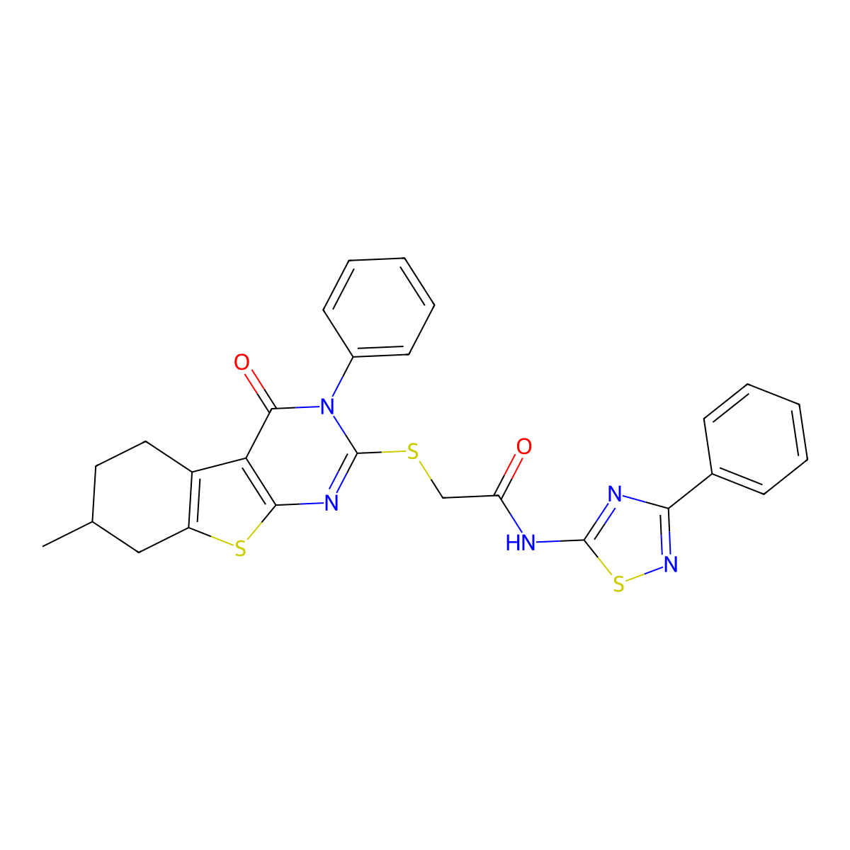 2-[(7-methyl-4-oxo-3-phenyl-5,6,7,8-tetrahydro-[1]benzothiolo[2,3-d]pyrimidin-2-yl)sulfanyl]-N-(3-phenyl-1,2,4-thiadiazol-5-yl)acetamide molecular structure, CAS 670273-22-0