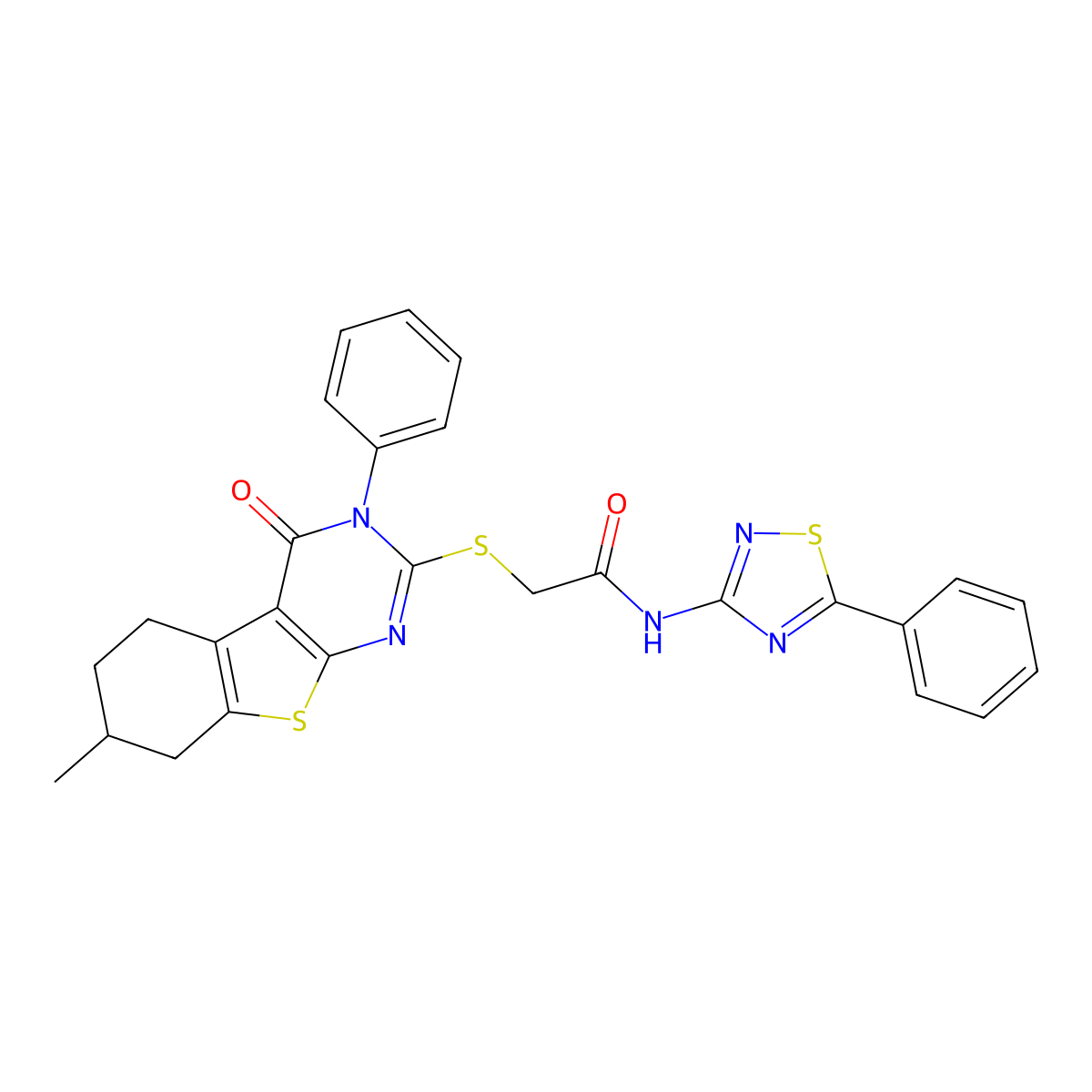 2-[(7-methyl-4-oxo-3-phenyl-5,6,7,8-tetrahydro-[1]benzothiolo[2,3-d]pyrimidin-2-yl)sulfanyl]-N-(5-phenyl-1,2,4-thiadiazol-3-yl)acetamide molecular structure, CAS 670273-23-1
