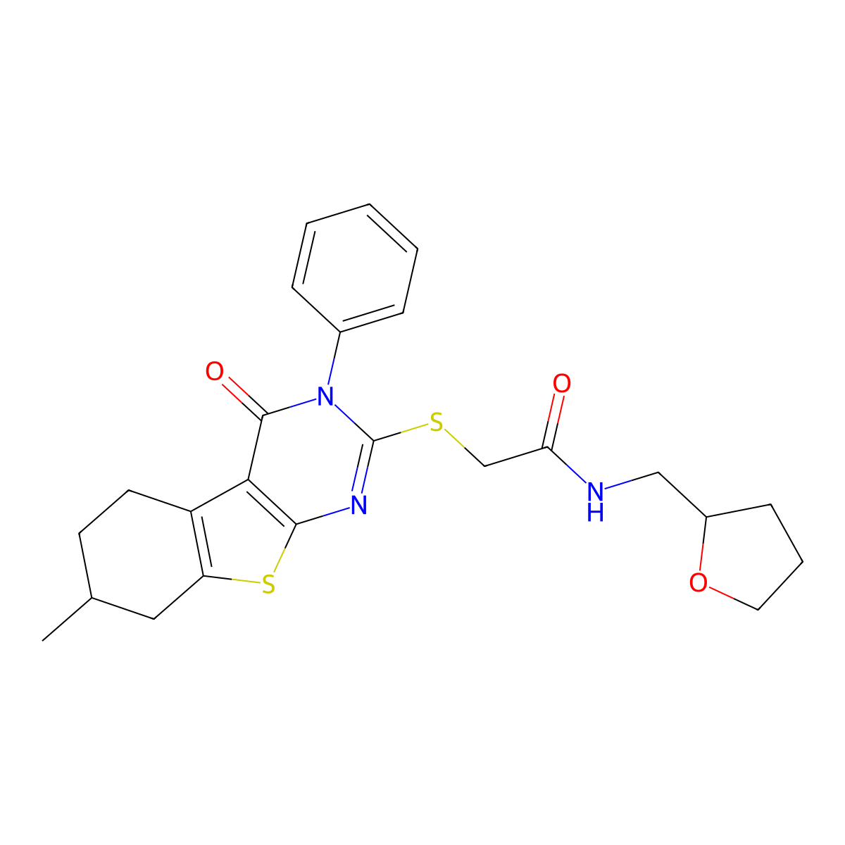 2-[(7-methyl-4-oxo-3-phenyl-5,6,7,8-tetrahydro-[1]benzothiolo[2,3-d]pyrimidin-2-yl)sulfanyl]-N-(oxolan-2-ylmethyl)acetamide molecular structure, CAS 670273-24-2