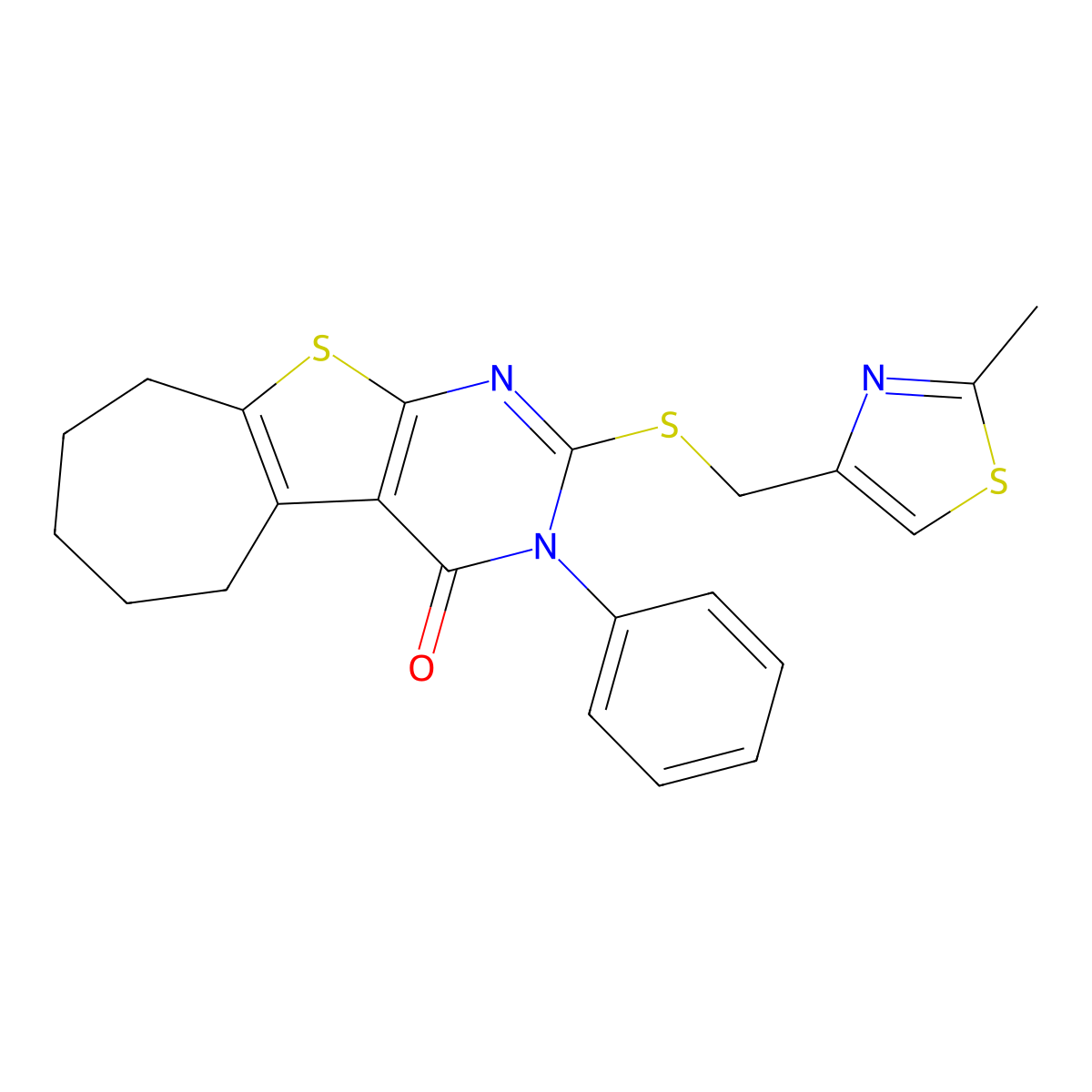 2-(((2-methylthiazol-4-yl)methyl)thio)-3-phenyl-6,7,8,9-tetrahydro-3H-cyclohepta[4,5]thieno[2,3-d]pyrimidin-4(5H)-one molecular structure, CAS 670273-27-5