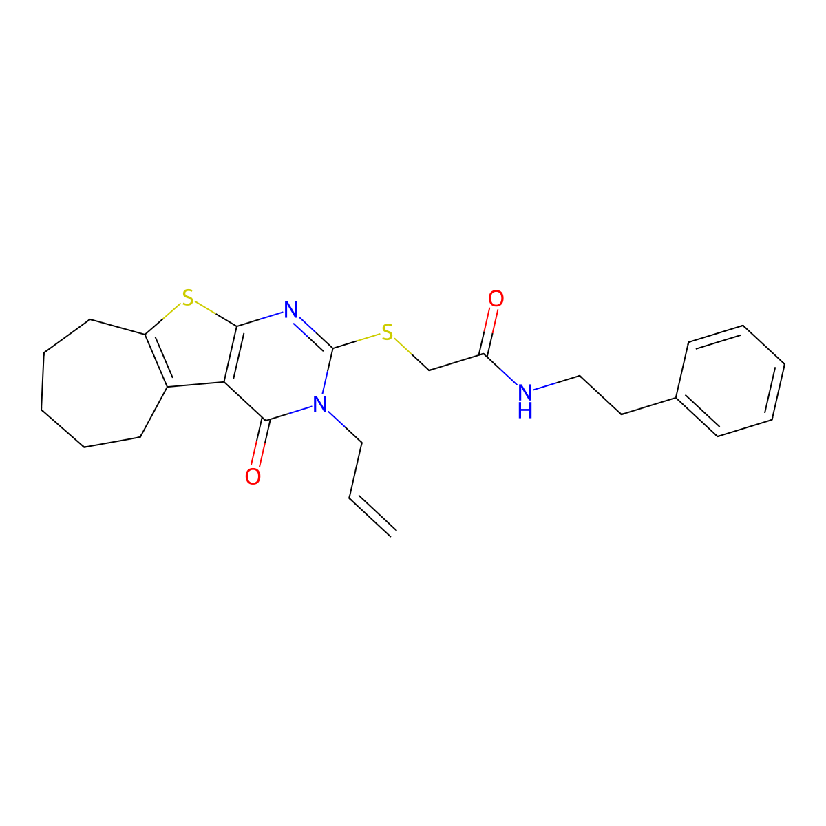 2-{[3-oxo-4-(prop-2-en-1-yl)-8-thia-4,6-diazatricyclo[7.5.0.0^{2,7}]tetradeca-1(9),2(7),5-trien-5-yl]sulfanyl}-N-(2-phenylethyl)acetamide molecular structure, CAS 670273-29-7