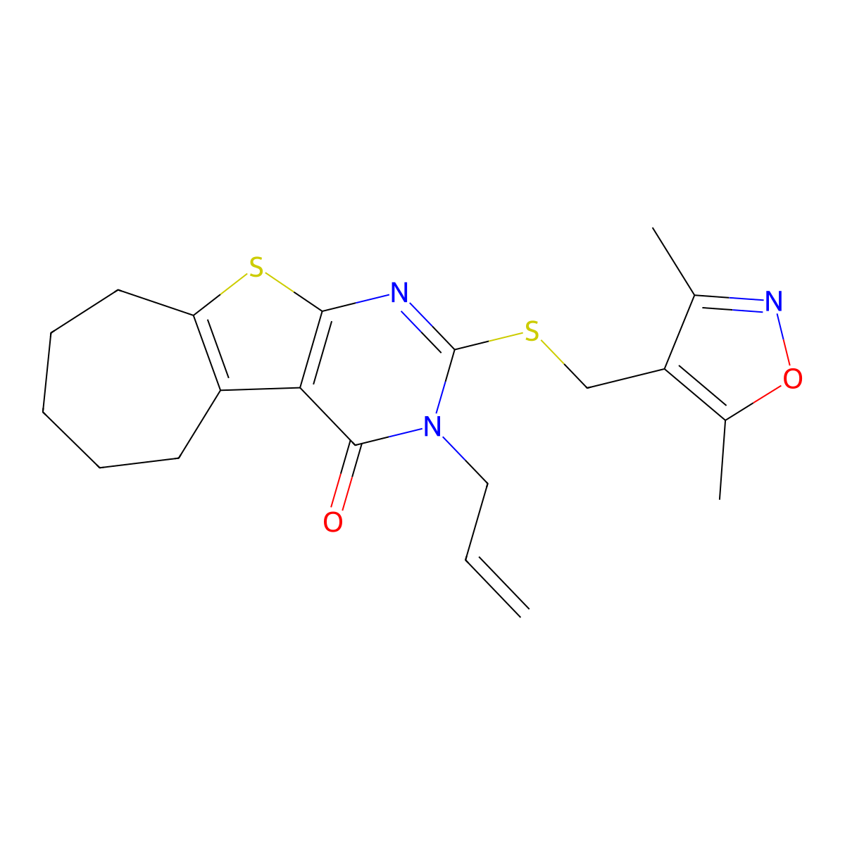 2-[(3,5-dimethyl-4-isoxazolyl)methylthio]-3-prop-2-enyl-6,7,8,9-tetrahydro-5H-cyclohepta[2,3]thieno[2,4-b]pyrimidin-4-one molecular structure, CAS 670273-33-3