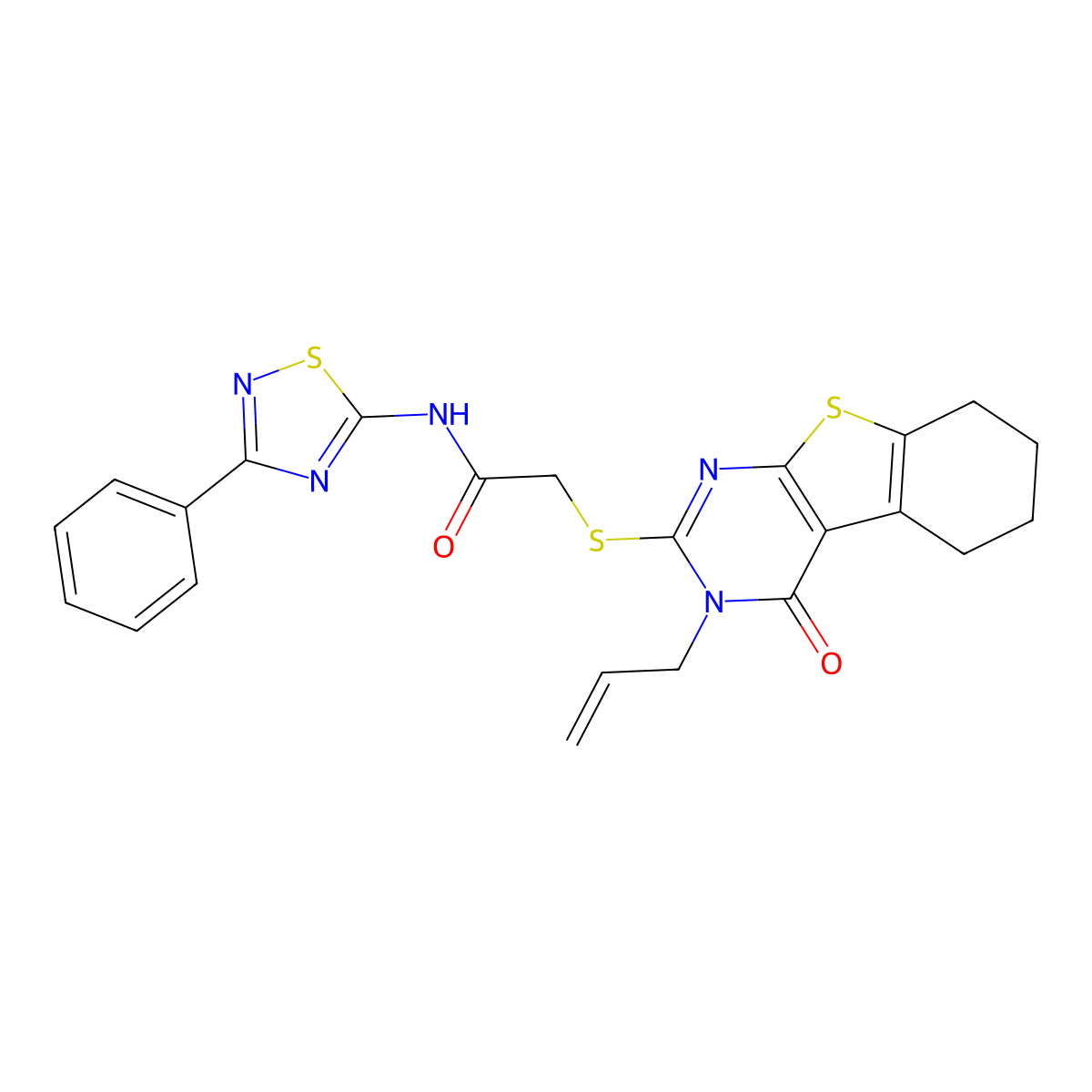 2-[(4-oxo-3-prop-2-enyl-5,6,7,8-tetrahydro-[1]benzothiolo[2,3-d]pyrimidin-2-yl)sulfanyl]-N-(3-phenyl-1,2,4-thiadiazol-5-yl)acetamide molecular structure, CAS 670273-34-4