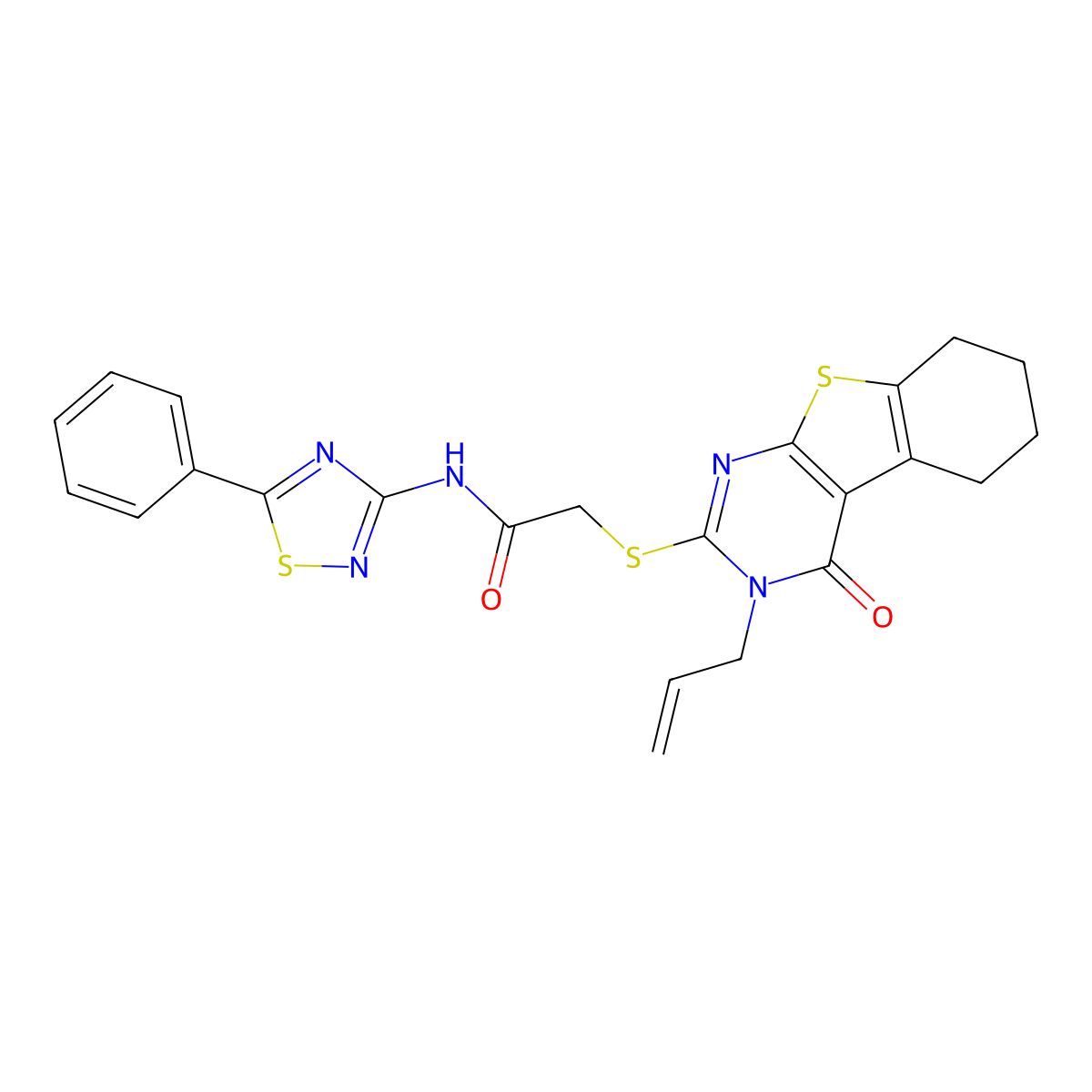 2-[(4-oxo-3-prop-2-enyl-5,6,7,8-tetrahydro-[1]benzothiolo[2,3-d]pyrimidin-2-yl)sulfanyl]-N-(5-phenyl-1,2,4-thiadiazol-3-yl)acetamide molecular structure, CAS 670273-35-5