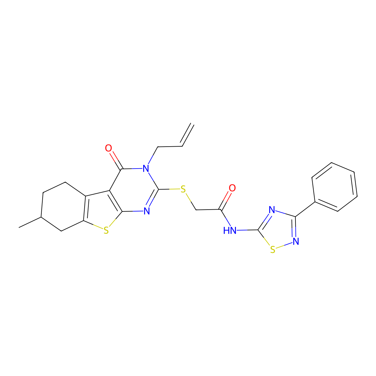 2-[(7-methyl-4-oxo-3-prop-2-enyl-5,6,7,8-tetrahydro-[1]benzothiolo[2,3-d]pyrimidin-2-yl)sulfanyl]-N-(3-phenyl-1,2,4-thiadiazol-5-yl)acetamide molecular structure, CAS 670273-36-6