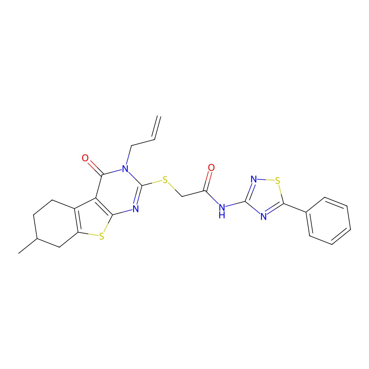 2-[(7-methyl-4-oxo-3-prop-2-enyl-5,6,7,8-tetrahydro-[1]benzothiolo[2,3-d]pyrimidin-2-yl)sulfanyl]-N-(5-phenyl-1,2,4-thiadiazol-3-yl)acetamide molecular structure, CAS 670273-37-7