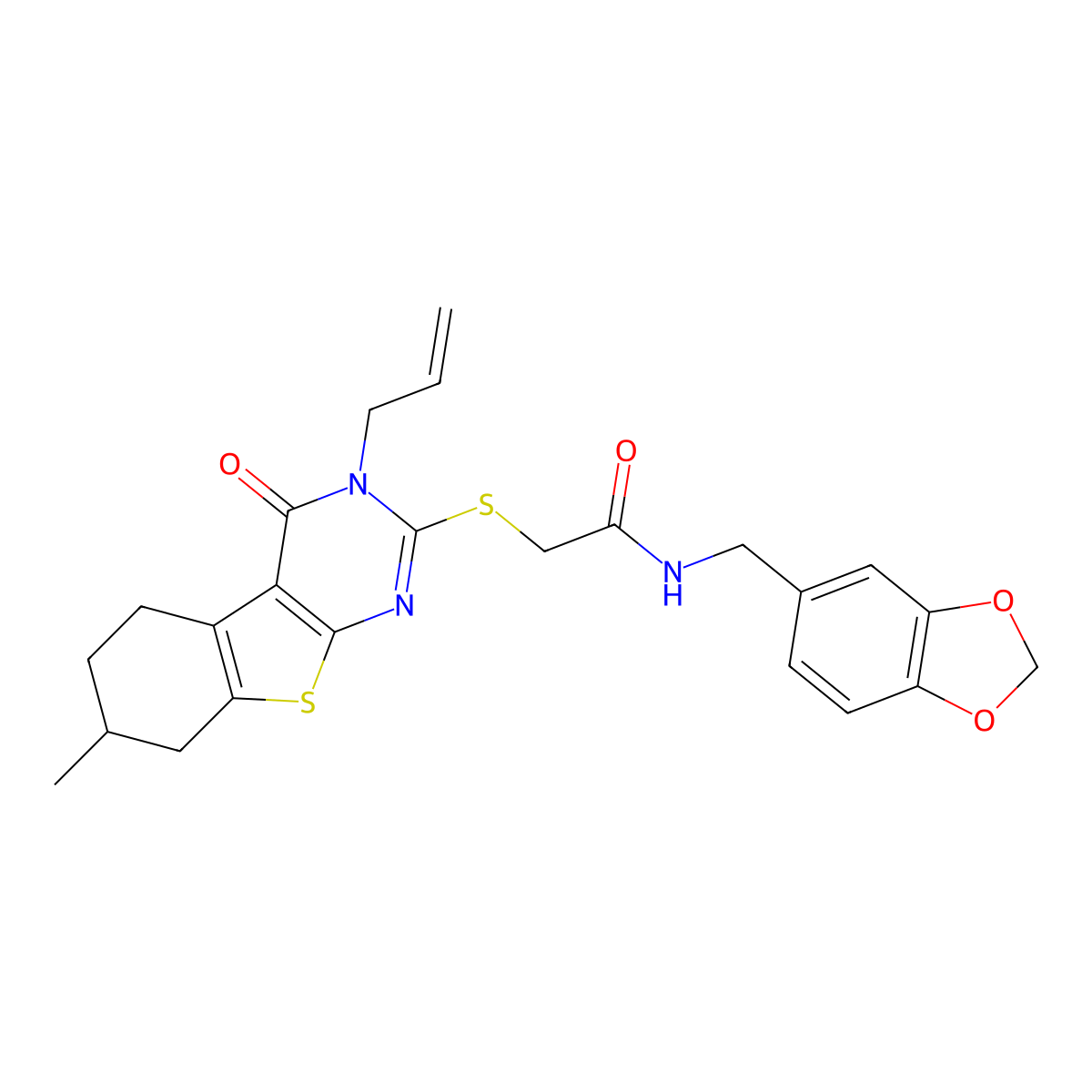 N-(1,3-benzodioxol-5-ylmethyl)-2-[(7-methyl-4-oxo-3-prop-2-enyl-5,6,7,8-tetrahydro-[1]benzothiolo[2,3-d]pyrimidin-2-yl)sulfanyl]acetamide molecular structure, CAS 670273-38-8