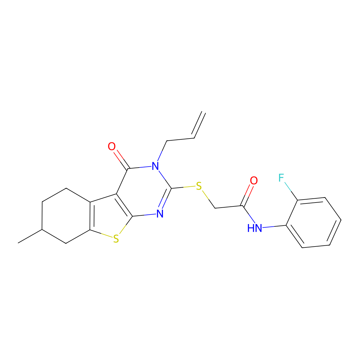 N-(2-fluorophenyl)-2-[(7-methyl-4-oxo-3-prop-2-enyl-5,6,7,8-tetrahydro-[1]benzothiolo[2,3-d]pyrimidin-2-yl)sulfanyl]acetamide molecular structure, CAS 670273-39-9