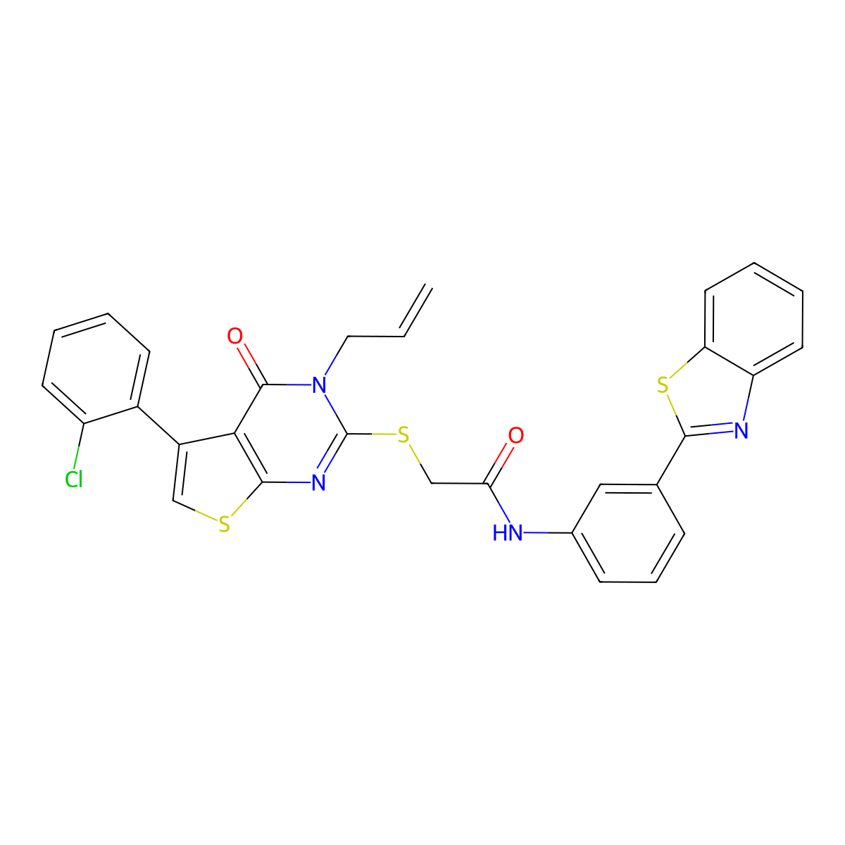 2-((3-allyl-5-(2-chlorophenyl)-4-oxo-3,4-dihydrothieno[2,3-d]pyrimidin-2-yl)thio)-N-(3-(benzo[d]thiazol-2-yl)phenyl)acetamide molecular structure, CAS 670273-42-4