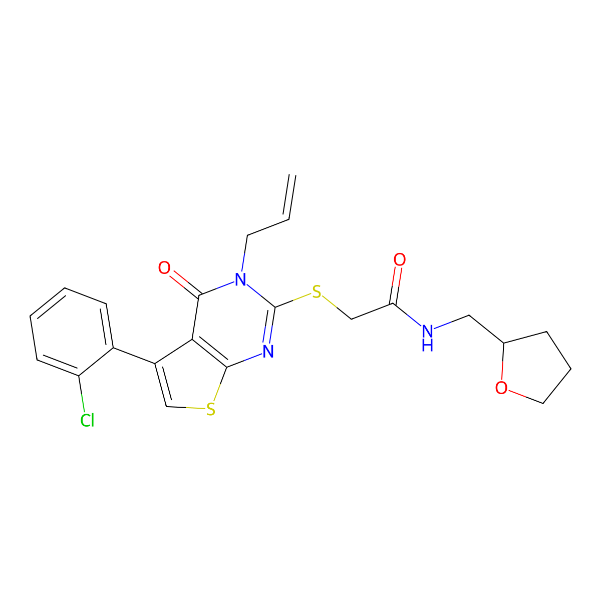2-[5-(2-chlorophenyl)-4-oxo-3-prop-2-enylthieno[2,3-d]pyrimidin-2-yl]sulfanyl-N-(oxolan-2-ylmethyl)acetamide molecular structure, CAS 670273-44-6