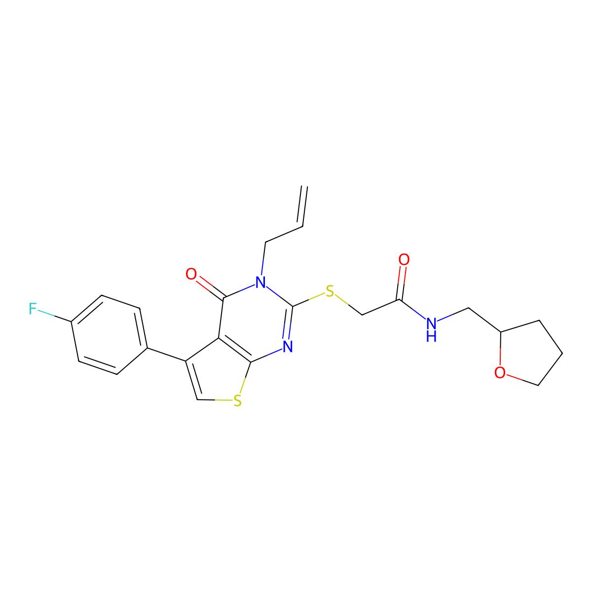 2-{[5-(4-fluorophenyl)-4-oxo-3-(prop-2-en-1-yl)-3H,4H-thieno[2,3-d]pyrimidin-2-yl]sulfanyl}-N-[(oxolan-2-yl)methyl]acetamide molecular structure, CAS 670273-49-1