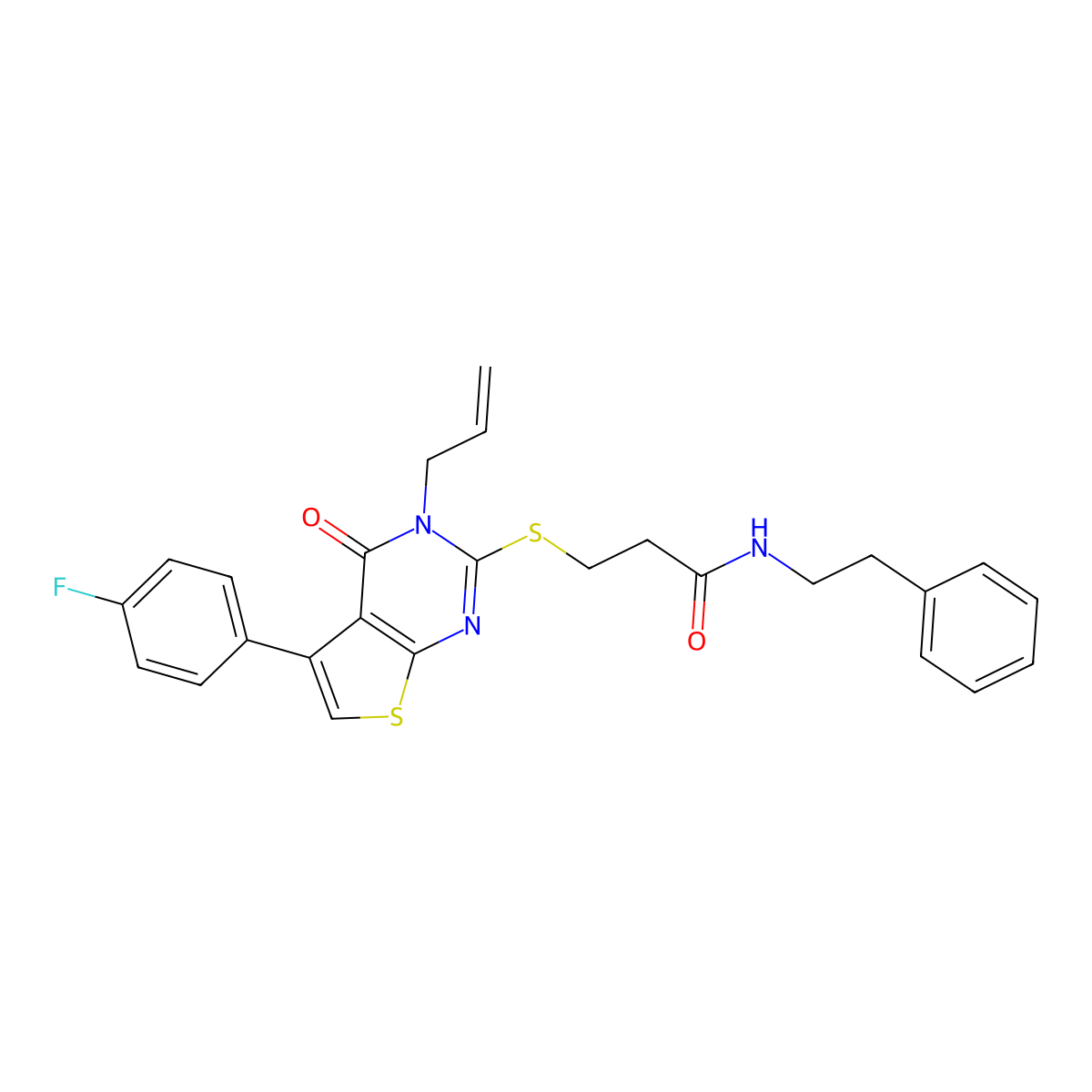 3-((3-allyl-5-(4-fluorophenyl)-4-oxo-3,4-dihydrothieno[2,3-d]pyrimidin-2-yl)thio)-N-phenethylpropanamide molecular structure, CAS 670273-51-5