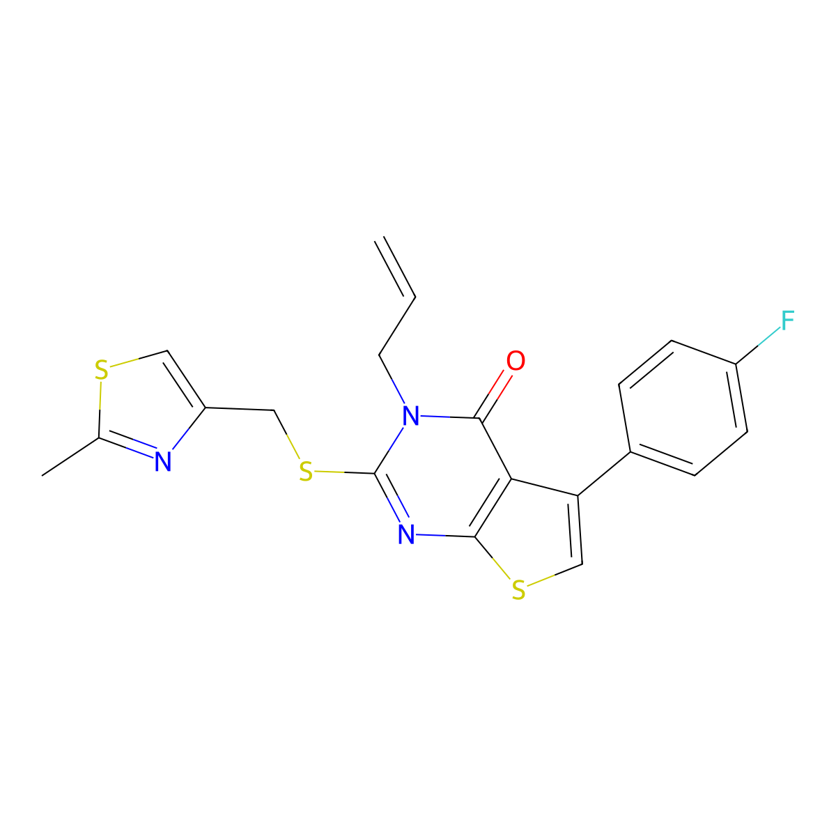 5-(4-fluorophenyl)-2-{[(2-methyl-1,3-thiazol-4-yl)methyl]sulfanyl}-3-(prop-2-en-1-yl)-3H,4H-thieno[2,3-d]pyrimidin-4-one molecular structure, CAS 670273-52-6