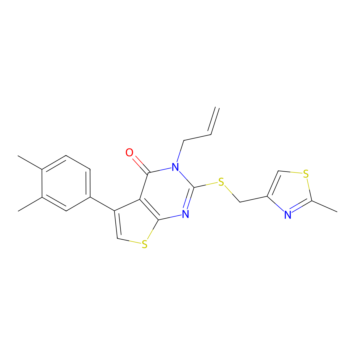 5-(3,4-dimethylphenyl)-2-{[(2-methyl-1,3-thiazol-4-yl)methyl]sulfanyl}-3-(prop-2-en-1-yl)-3H,4H-thieno[2,3-d]pyrimidin-4-one molecular structure, CAS 670273-54-8
