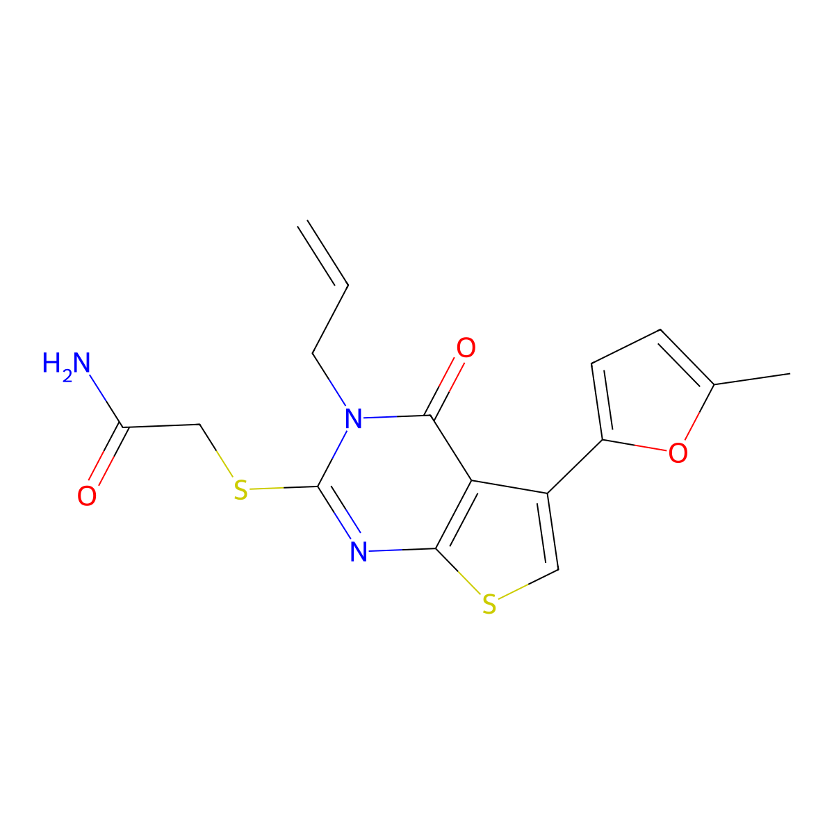 2-[5-(5-Methylfuran-2-yl)-4-oxo-3-prop-2-enylthieno[2,3-d]pyrimidin-2-yl]sulfanylacetamide molecular structure, CAS 670273-68-4