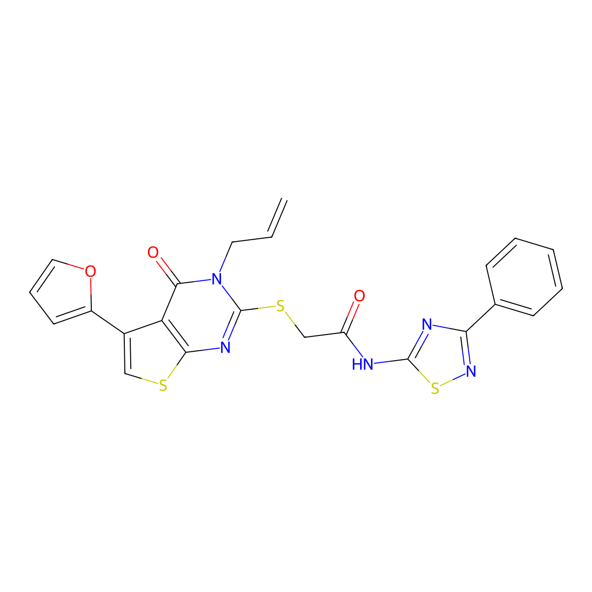 2-{[5-(furan-2-yl)-4-oxo-3-(prop-2-en-1-yl)-3H,4H-thieno[2,3-d]pyrimidin-2-yl]sulfanyl}-N-(3-phenyl-1,2,4-thiadiazol-5-yl)acetamide molecular structure, CAS 670273-69-5