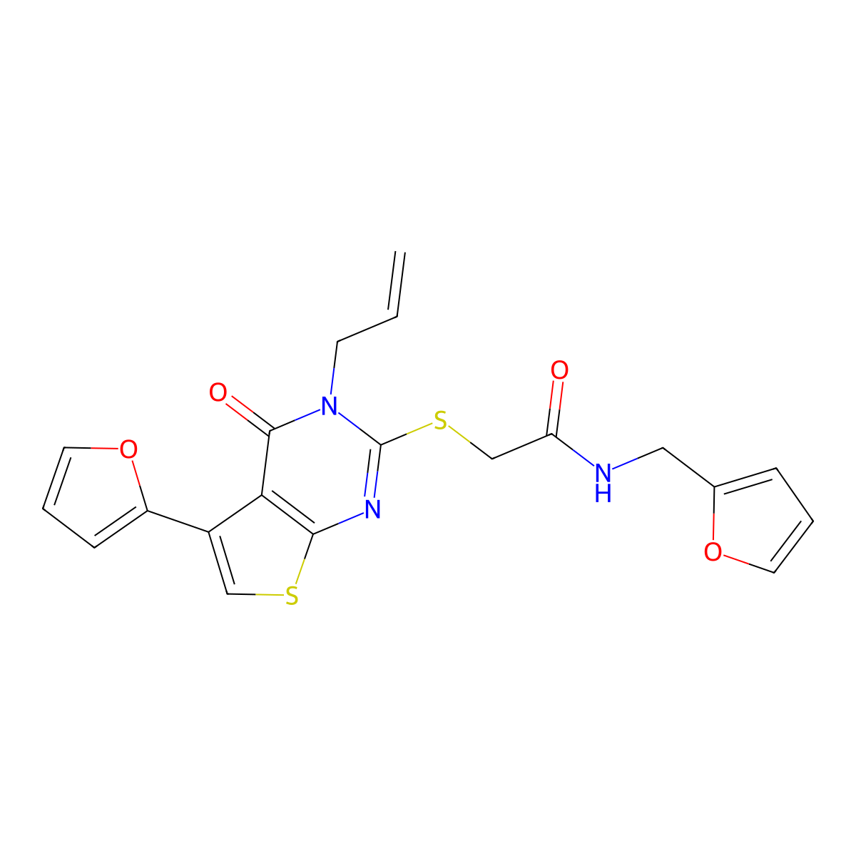2-((3-allyl-5-(furan-2-yl)-4-oxo-3,4-dihydrothieno[2,3-d]pyrimidin-2-yl)thio)-N-(furan-2-ylmethyl)acetamide molecular structure, CAS 670273-70-8