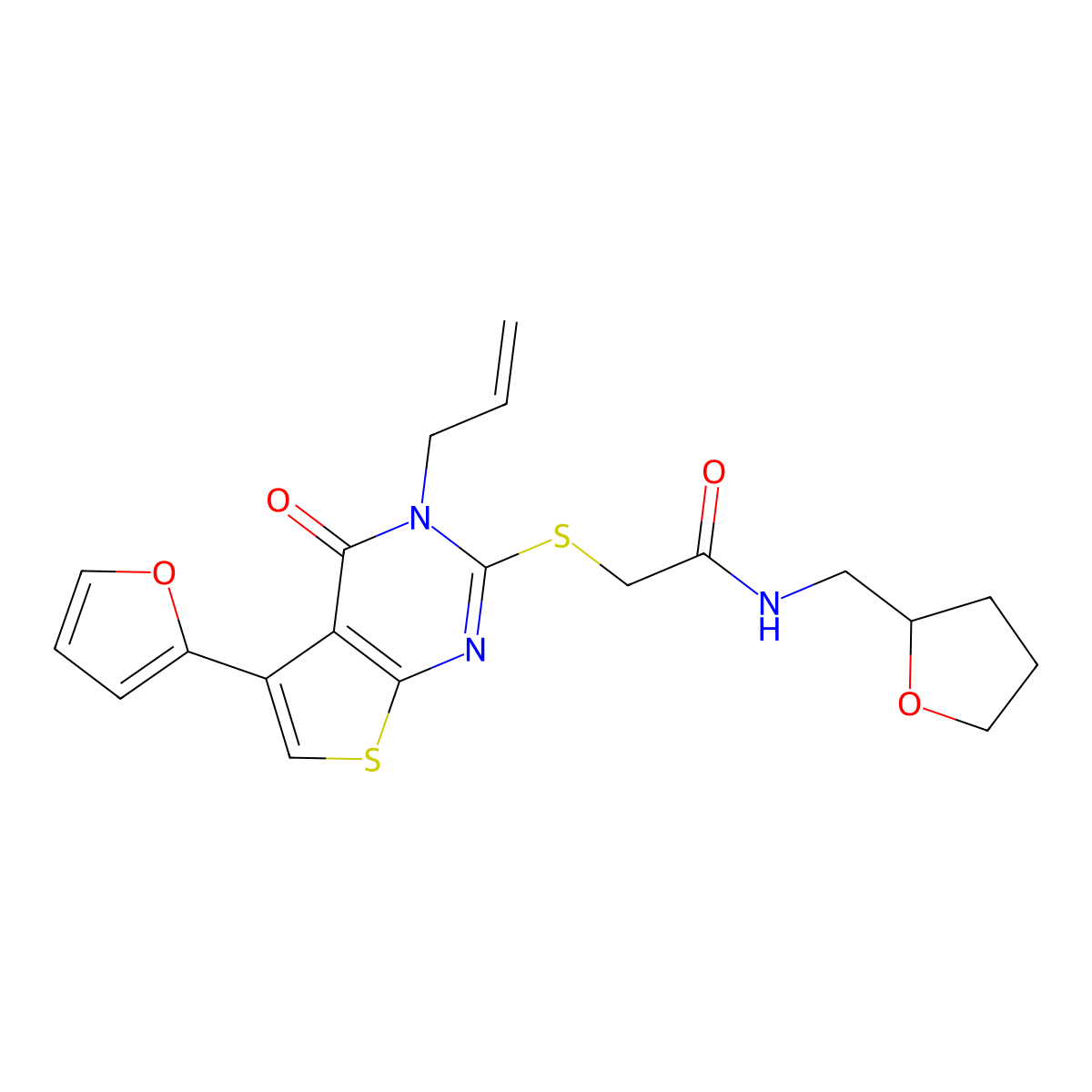 2-{[3-allyl-5-(2-furyl)-4-oxo-3,4-dihydrothieno[2,3-d]pyrimidin-2-yl]thio}-N-(tetrahydro-2-furanylmethyl)acetamide molecular structure, CAS 670273-71-9