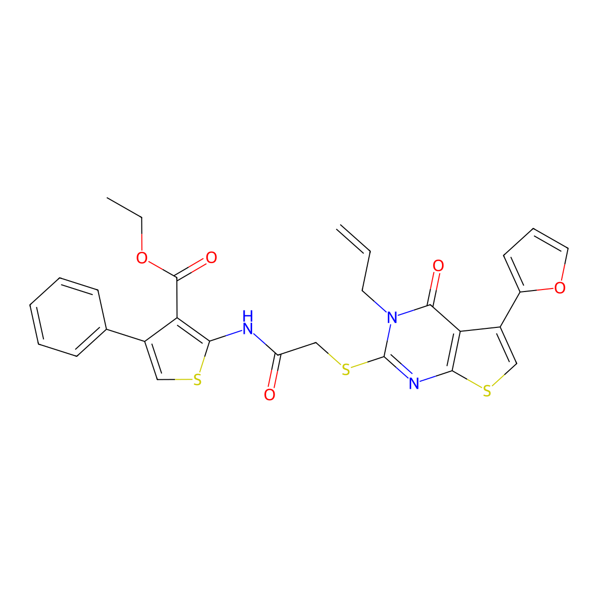 Ethyl 2-[[2-[5-(furan-2-yl)-4-oxo-3-prop-2-enylthieno[2,3-d]pyrimidin-2-yl]sulfanylacetyl]amino]-4-phenylthiophene-3-carboxylate molecular structure, CAS 670273-72-0