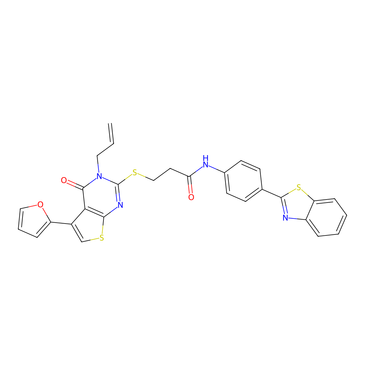 3-((3-allyl-5-(furan-2-yl)-4-oxo-3,4-dihydrothieno[2,3-d]pyrimidin-2-yl)thio)-N-(4-(benzo[d]thiazol-2-yl)phenyl)propanamide molecular structure, CAS 670273-74-2
