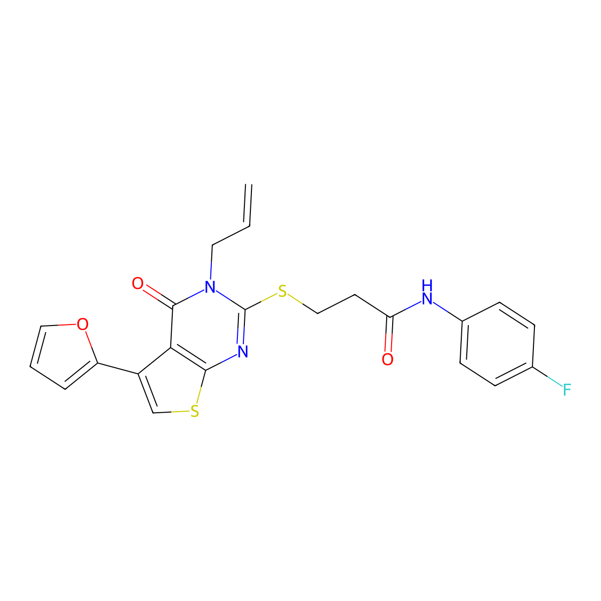 N-(4-fluorophenyl)-3-[5-(furan-2-yl)-4-oxo-3-prop-2-enylthieno[2,3-d]pyrimidin-2-yl]sulfanylpropanamide molecular structure, CAS 670273-75-3