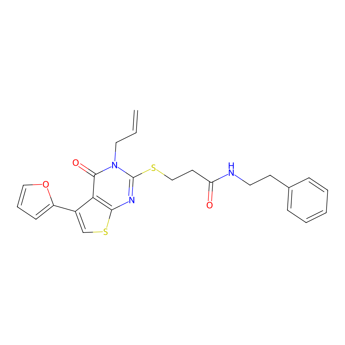3-{[5-(furan-2-yl)-4-oxo-3-(prop-2-en-1-yl)-3H,4H-thieno[2,3-d]pyrimidin-2-yl]sulfanyl}-N-(2-phenylethyl)propanamide molecular structure, CAS 670273-76-4