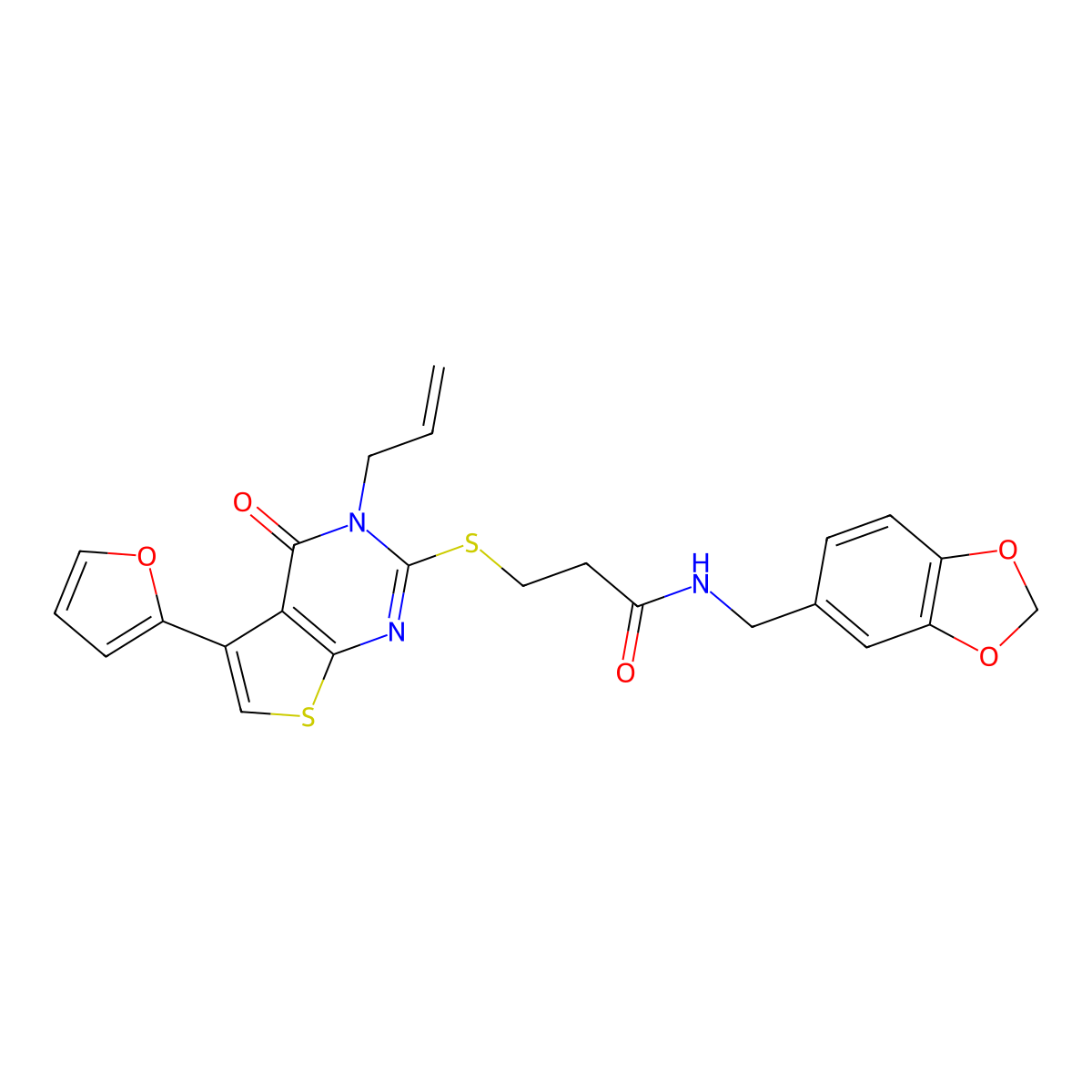 N-[(2H-1,3-benzodioxol-5-yl)methyl]-3-{[5-(furan-2-yl)-4-oxo-3-(prop-2-en-1-yl)-3H,4H-thieno[2,3-d]pyrimidin-2-yl]sulfanyl}propanamide molecular structure, CAS 670273-77-5