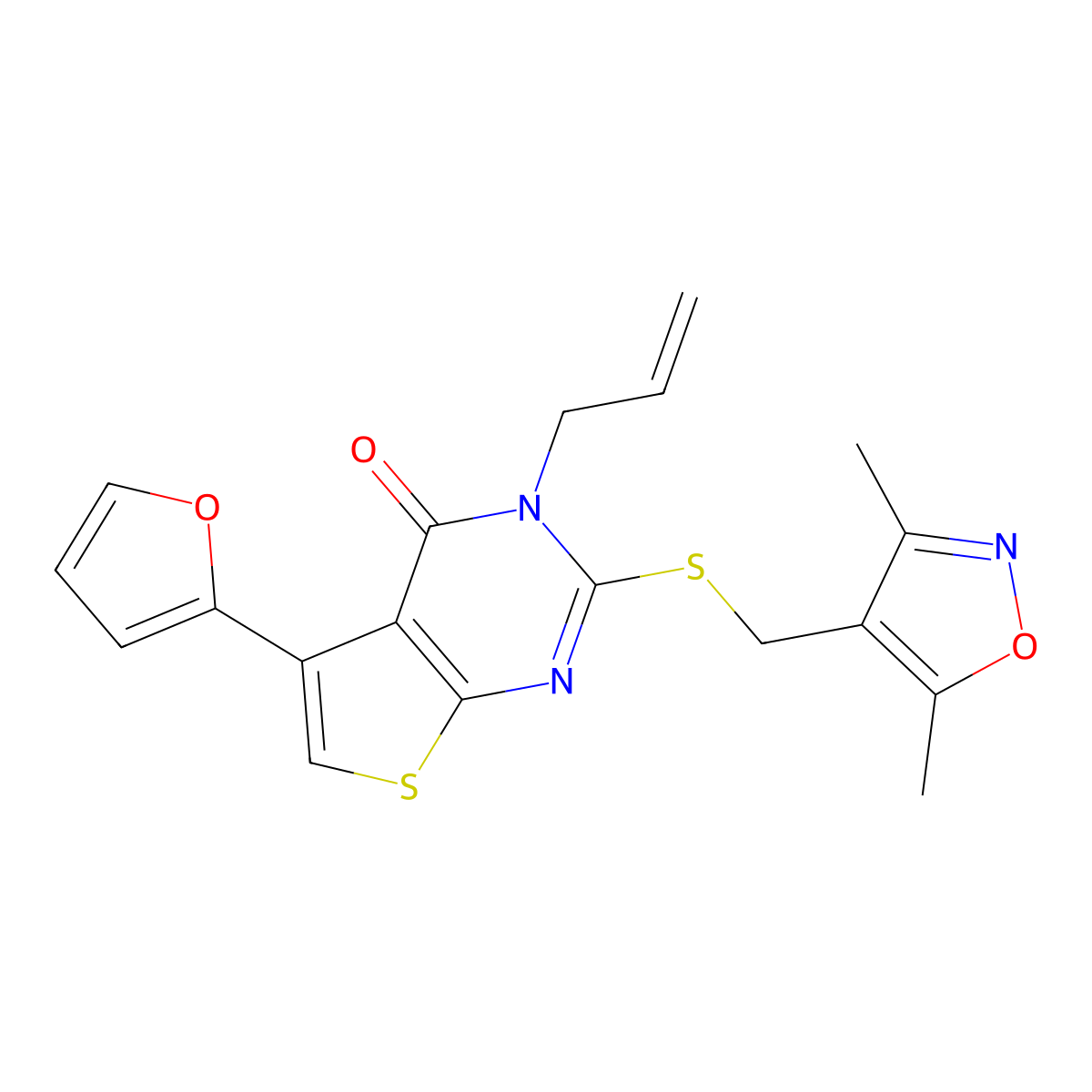 3-allyl-2-(((3,5-dimethylisoxazol-4-yl)methyl)thio)-5-(furan-2-yl)thieno[2,3-d]pyrimidin-4(3H)-one molecular structure, CAS 670273-78-6