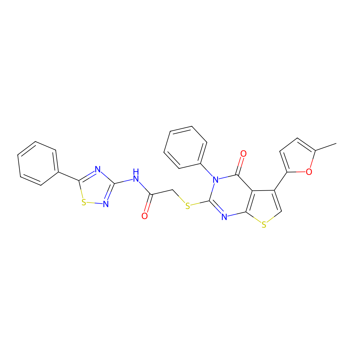 2-[5-(5-methylfuran-2-yl)-4-oxo-3-phenylthieno[2,3-d]pyrimidin-2-yl]sulfanyl-N-(5-phenyl-1,2,4-thiadiazol-3-yl)acetamide molecular structure, CAS 670273-79-7