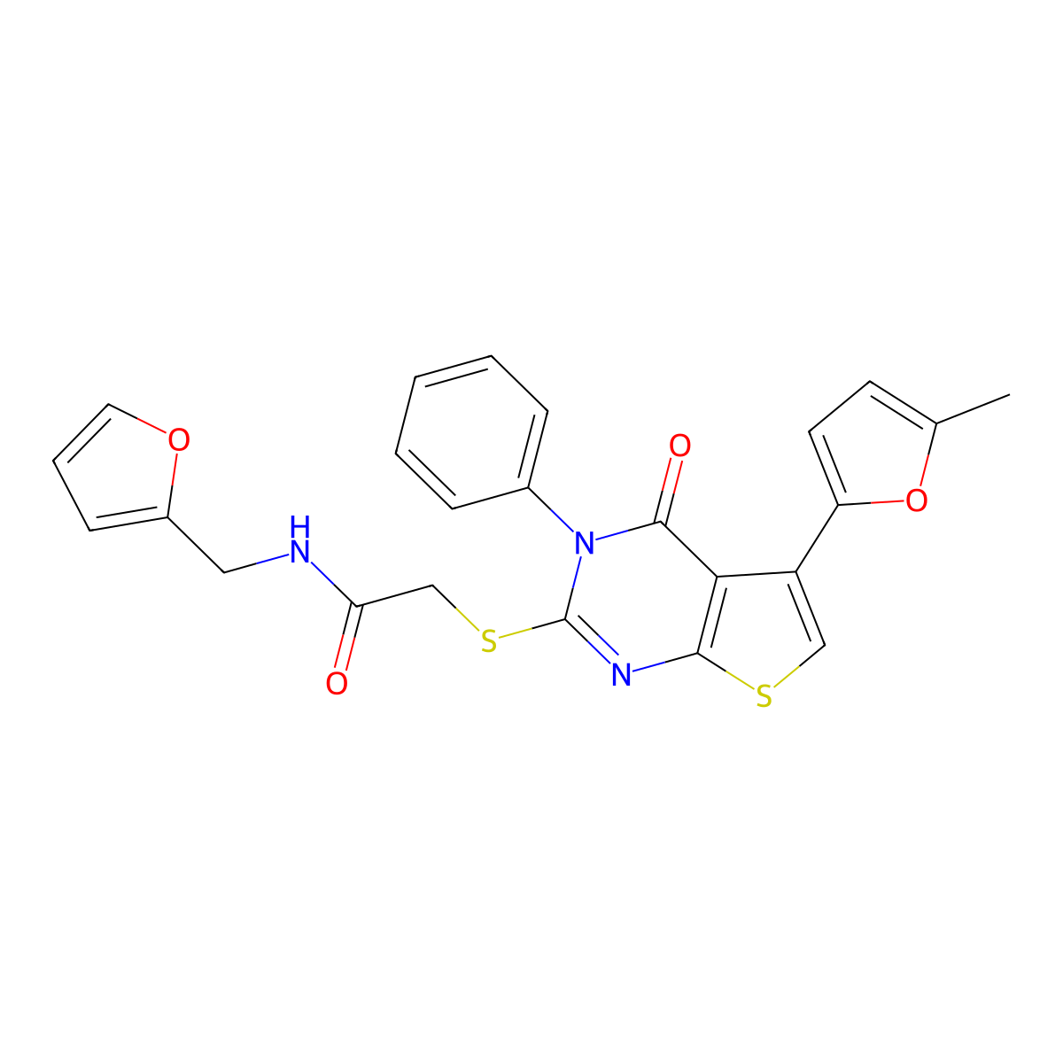 N-(furan-2-ylmethyl)-2-[5-(5-methylfuran-2-yl)-4-oxo-3-phenylthieno[2,3-d]pyrimidin-2-yl]sulfanylacetamide molecular structure, CAS 670273-80-0