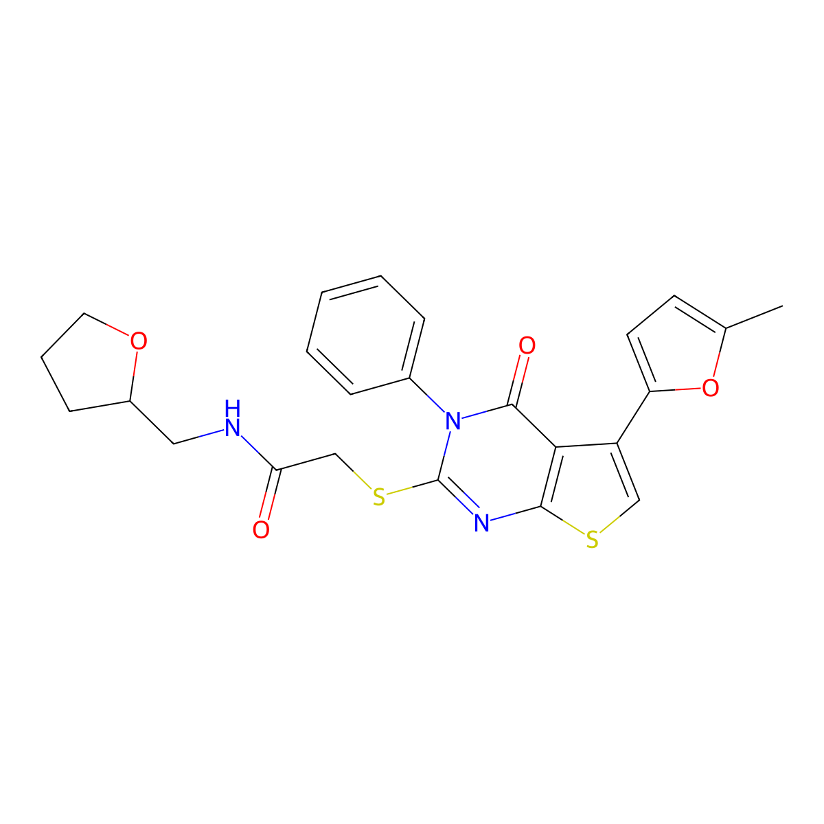 2-{[5-(5-methylfuran-2-yl)-4-oxo-3-phenyl-3H,4H-thieno[2,3-d]pyrimidin-2-yl]sulfanyl}-N-[(oxolan-2-yl)methyl]acetamide molecular structure, CAS 670273-81-1