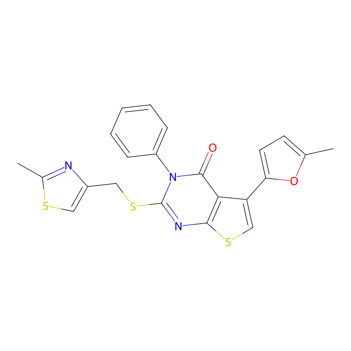 5-(5-methylfuran-2-yl)-2-(((2-methylthiazol-4-yl)methyl)thio)-3-phenylthieno[2,3-d]pyrimidin-4(3H)-one molecular structure, CAS 670273-82-2