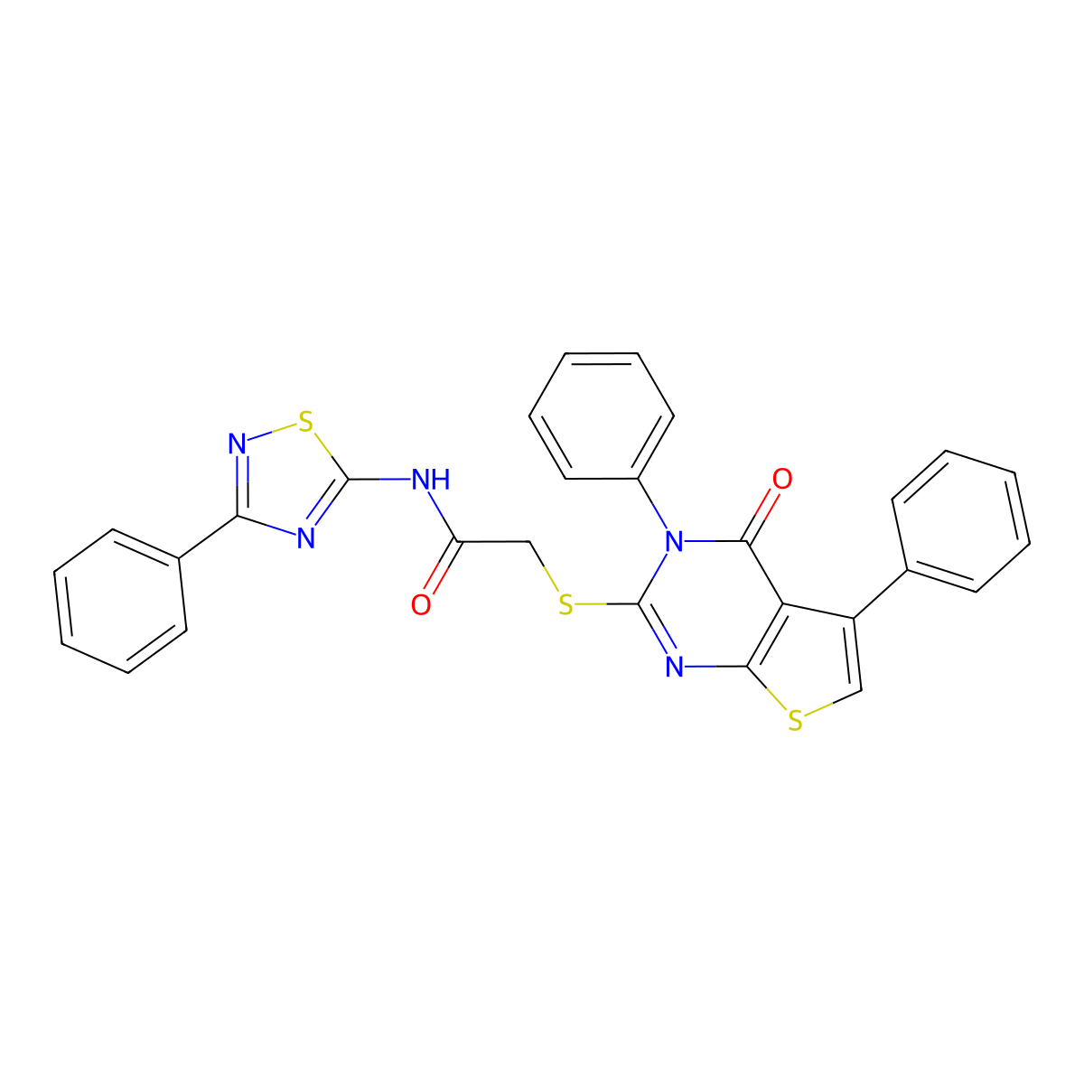 2-(4-oxo-3,5-diphenylthieno[2,3-d]pyrimidin-2-yl)sulfanyl-N-(3-phenyl-1,2,4-thiadiazol-5-yl)acetamide molecular structure, CAS 670273-83-3