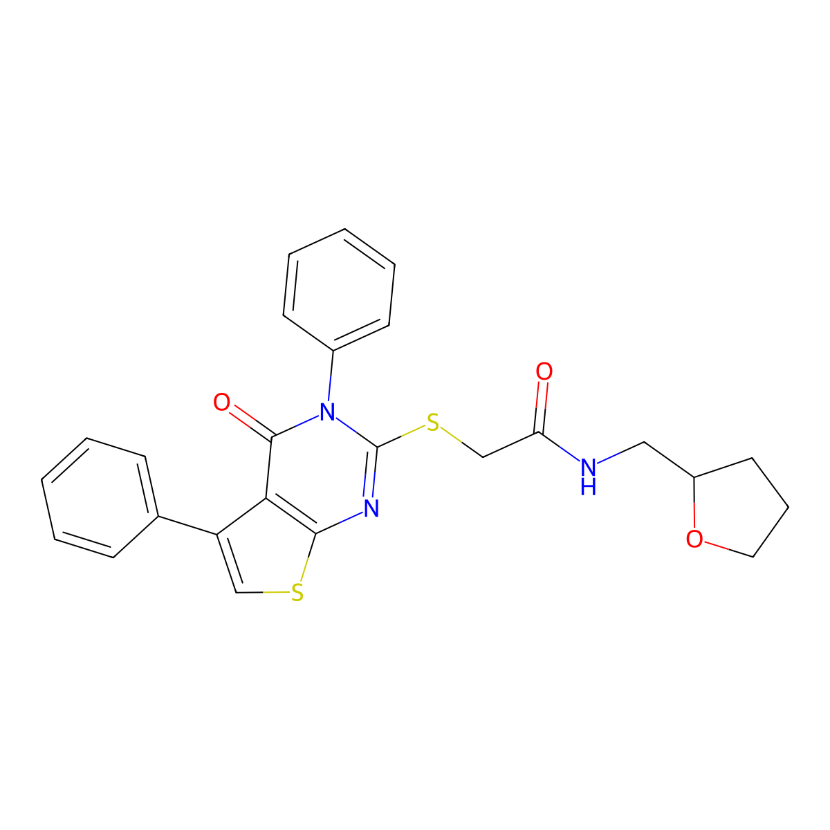 2-({4-oxo-3,5-diphenyl-3H,4H-thieno[2,3-d]pyrimidin-2-yl}sulfanyl)-N-[(oxolan-2-yl)methyl]acetamide molecular structure, CAS 670273-84-4