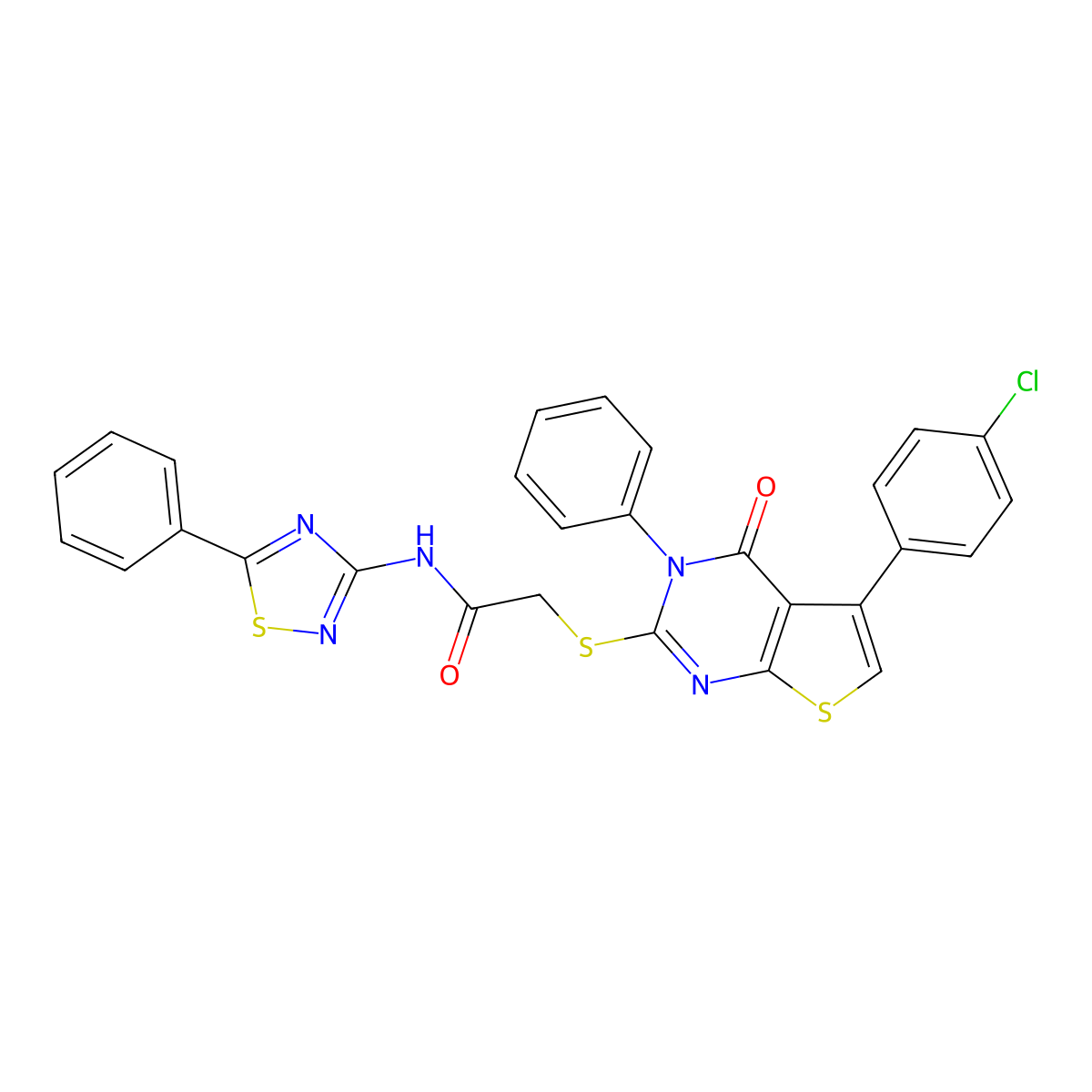 2-[5-(4-chlorophenyl)-4-oxo-3-phenylthieno[2,3-d]pyrimidin-2-yl]sulfanyl-N-(5-phenyl-1,2,4-thiadiazol-3-yl)acetamide molecular structure, CAS 670273-87-7