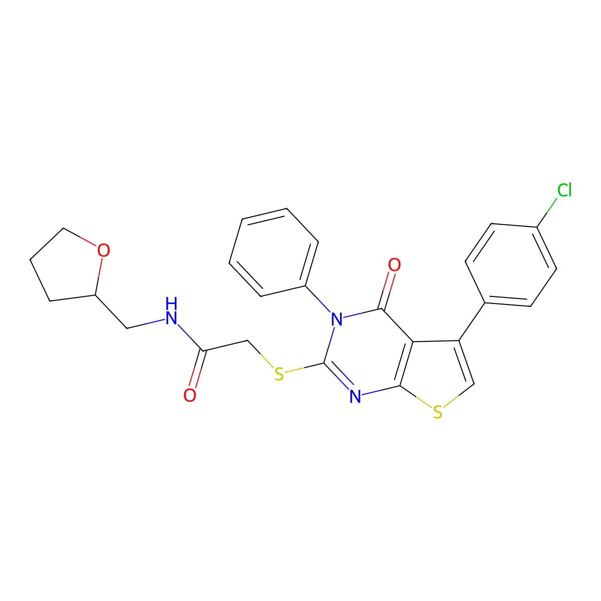 2-[5-(4-chlorophenyl)-4-oxo-3-phenylthieno[2,3-d]pyrimidin-2-yl]sulfanyl-N-(oxolan-2-ylmethyl)acetamide molecular structure, CAS 670273-89-9