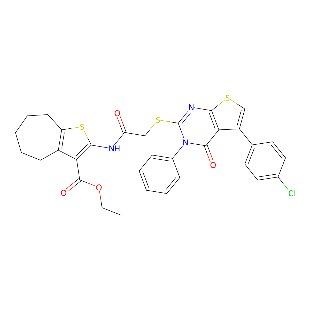 ethyl 2-[[2-[5-(4-chlorophenyl)-4-oxo-3-phenylthieno[2,3-d]pyrimidin-2-yl]sulfanylacetyl]amino]-5,6,7,8-tetrahydro-4H-cyclohepta[b]thiophene-3-carboxylate molecular structure, CAS 670273-90-2