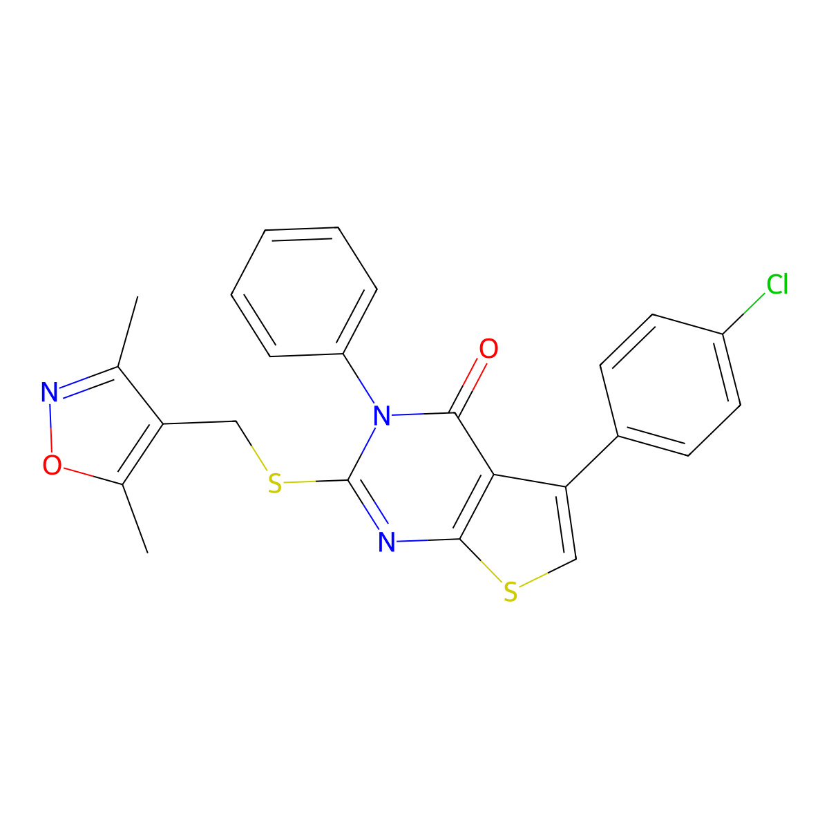 5-(4-chlorophenyl)-2-(((3,5-dimethylisoxazol-4-yl)methyl)thio)-3-phenylthieno[2,3-d]pyrimidin-4(3H)-one molecular structure, CAS 670273-91-3