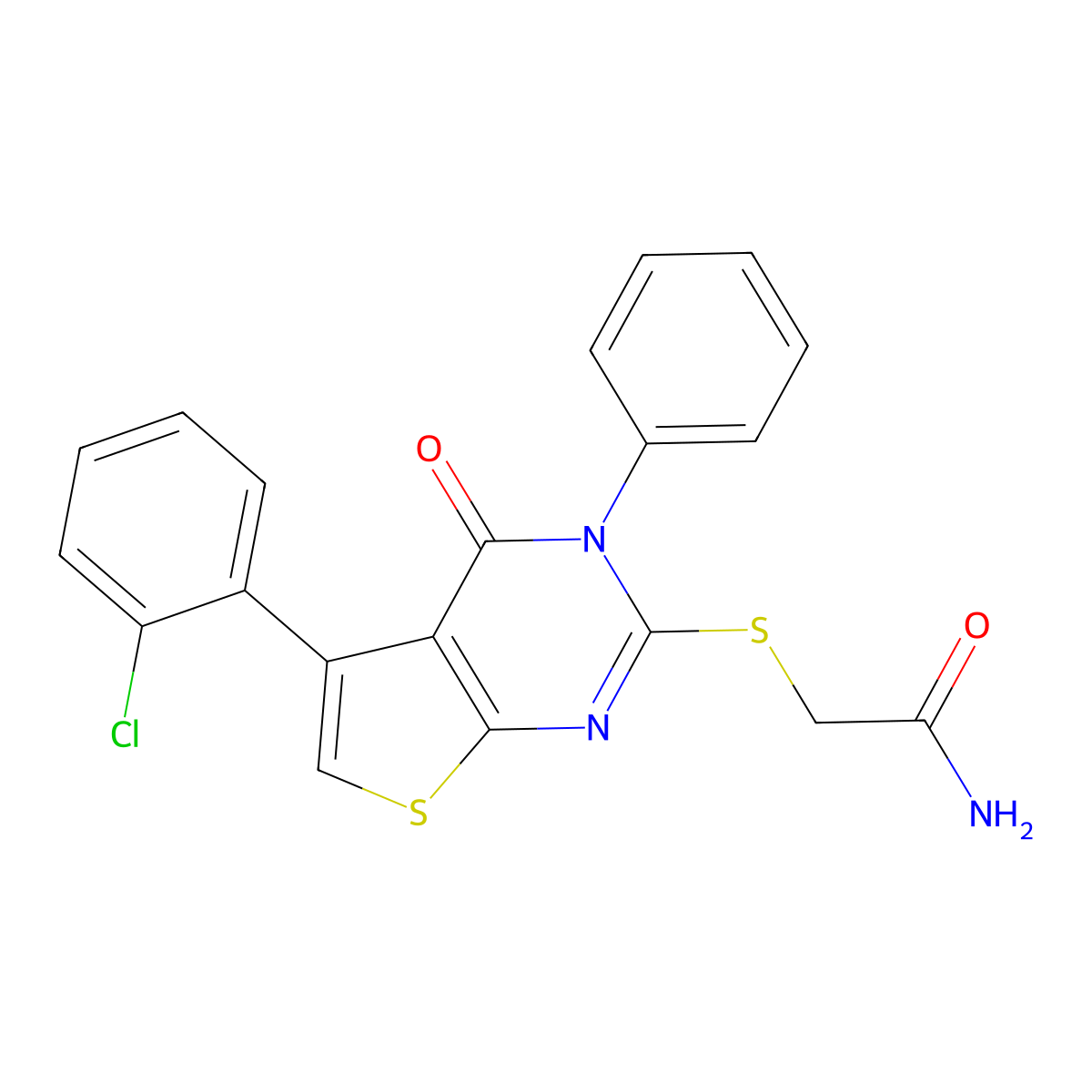 2-((5-(2-Chlorophenyl)-4-oxo-3-phenyl-3,4-dihydrothieno[2,3-d]pyrimidin-2-yl)thio)acetamide molecular structure, CAS 670273-94-6
