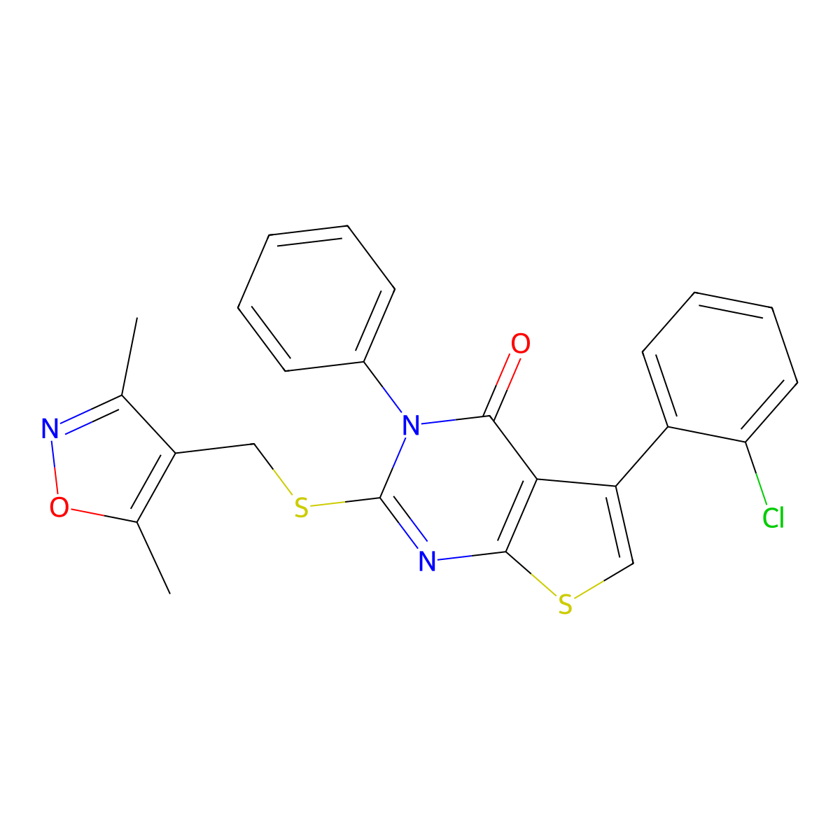 5-(2-chlorophenyl)-2-(((3,5-dimethylisoxazol-4-yl)methyl)thio)-3-phenylthieno[2,3-d]pyrimidin-4(3H)-one molecular structure, CAS 670273-95-7