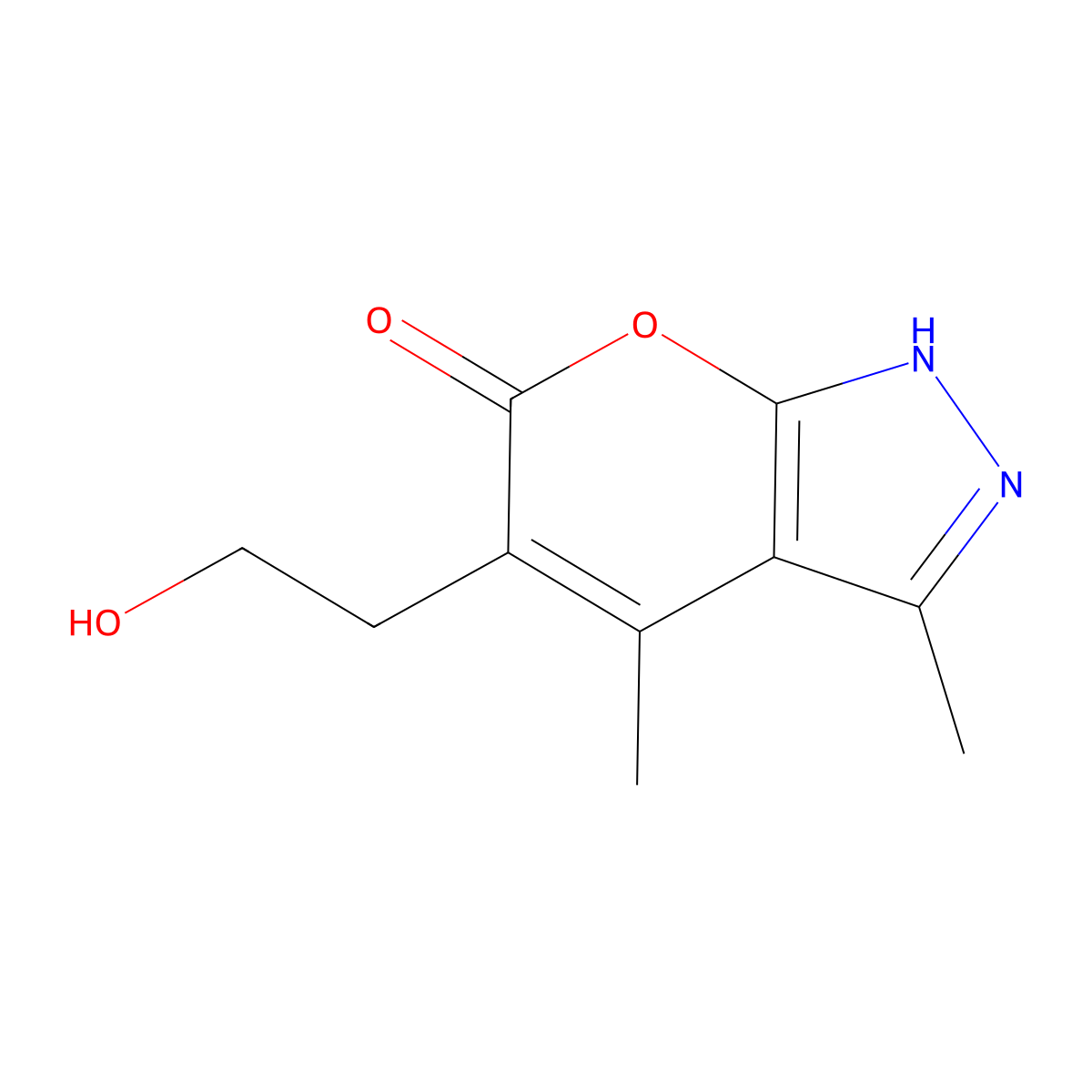 5-(2-hydroxyethyl)-3,4-dimethylpyrano[2,3-c]pyrazol-6(1H)-one molecular structure, CAS 67056-50-2