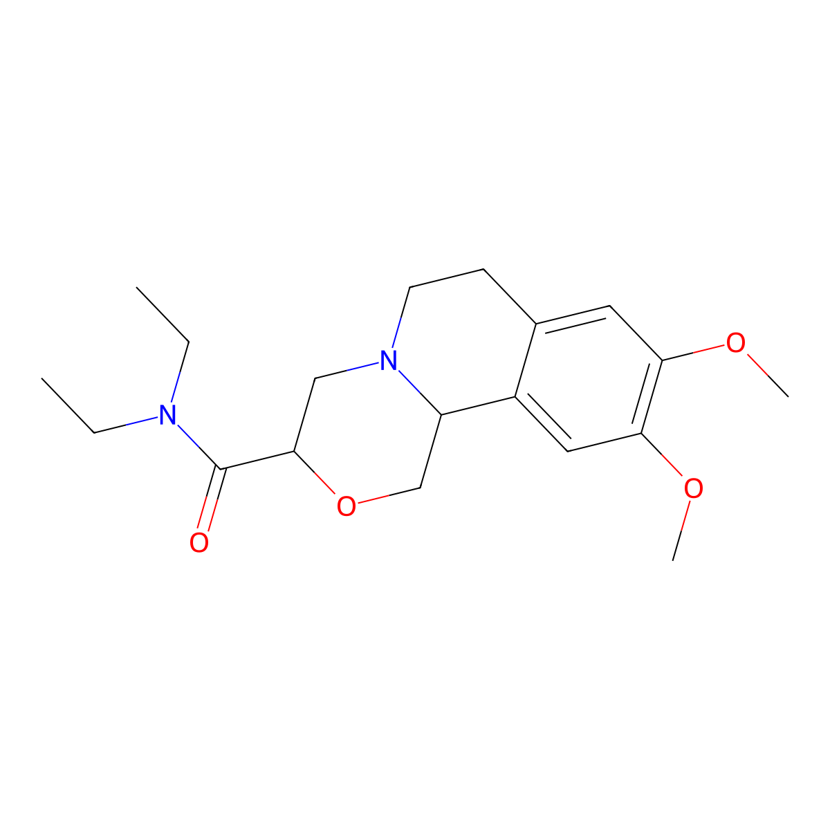 (1,4)Oxazino(3,4-a)isoquinoline-3-carboxamide, N,N-diethyl-1,3,4,6,7,11b-hexahydro-9,9,10-dimethoxy-, trans- molecular structure, CAS 67069-39-0
