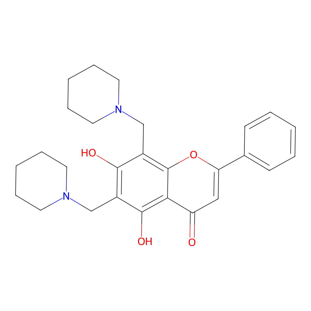 5,7-dihydroxy-2-phenyl-6,8-bis(piperidin-1-ylmethyl)-4H-chromen-4-one molecular structure, CAS 67088-22-6