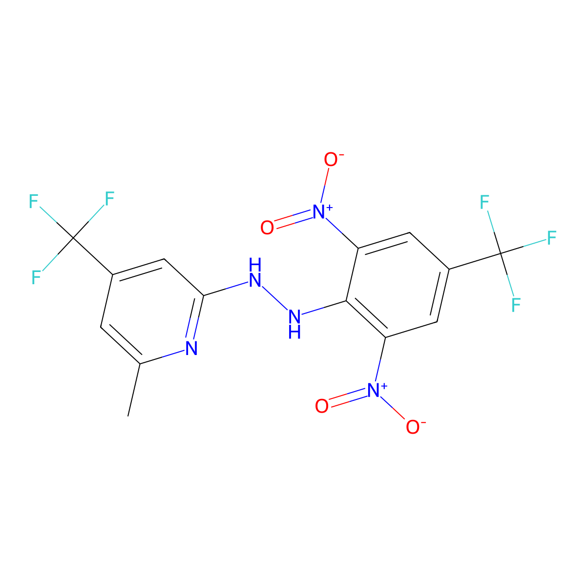 Pyridine, 4-trifluoromethyl-2-(4-trifluoromethyl-2,6-dinitrophenylhydrazino)-6-methyl- molecular structure, CAS 671181-94-5