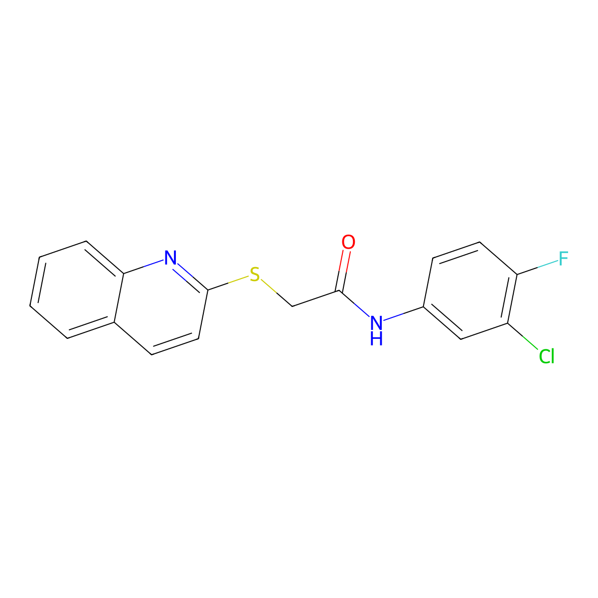 N-(3-chloro-4-fluorophenyl)-2-quinolin-2-ylsulfanylacetamide molecular structure, CAS 671198-57-5