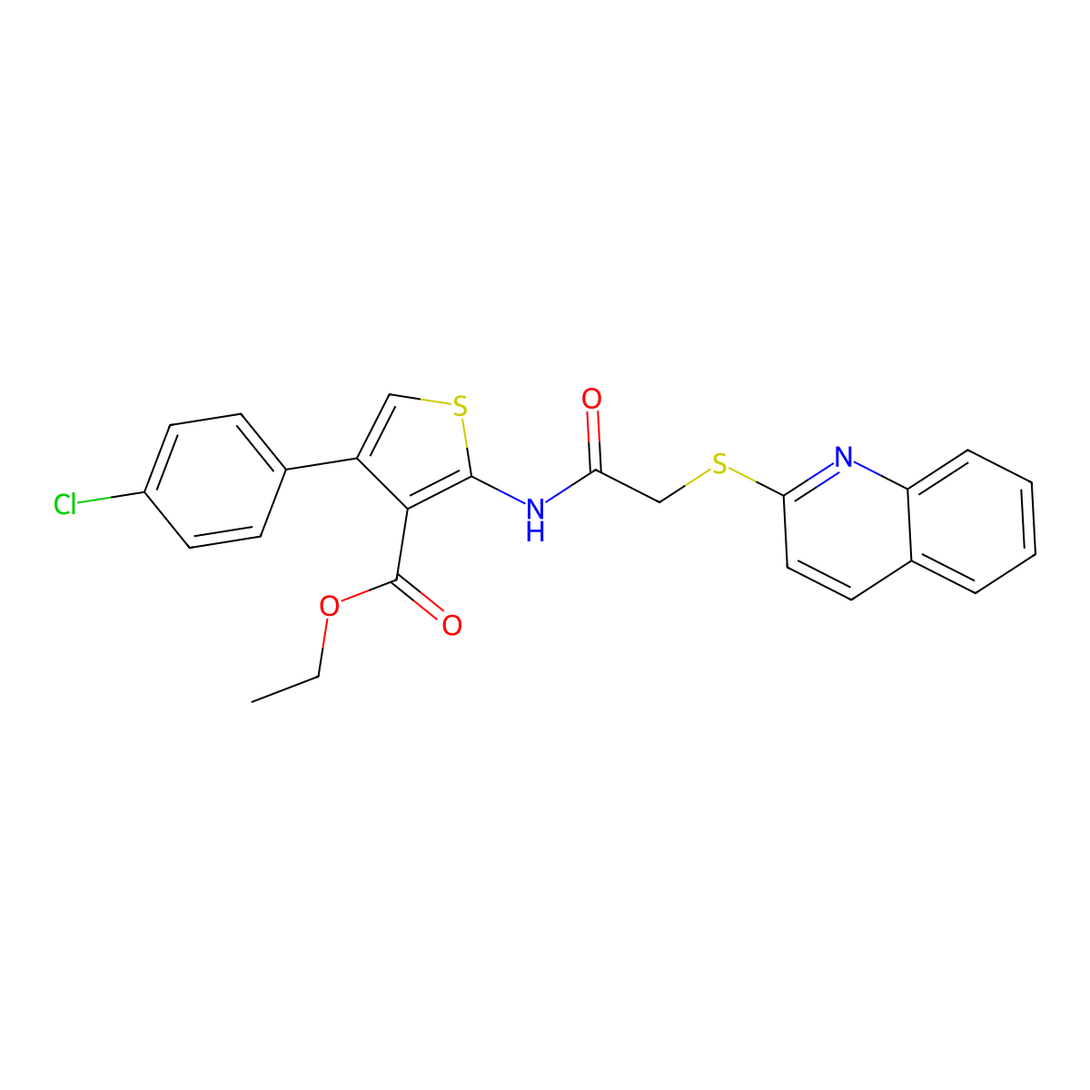 Ethyl 4-(4-chlorophenyl)-2-[(2-quinolin-2-ylsulfanylacetyl)amino]thiophene-3-carboxylate molecular structure, CAS 671198-60-0