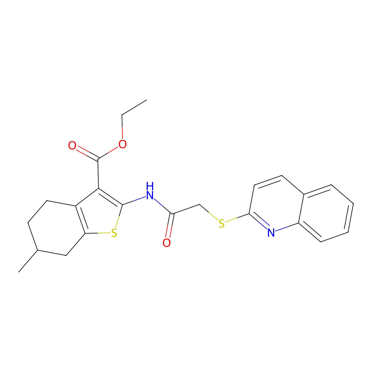 Ethyl 6-methyl-2-[2-(quinolin-2-ylsulfanyl)acetamido]-4,5,6,7-tetrahydro-1-benzothiophene-3-carboxylate molecular structure, CAS 671198-61-1