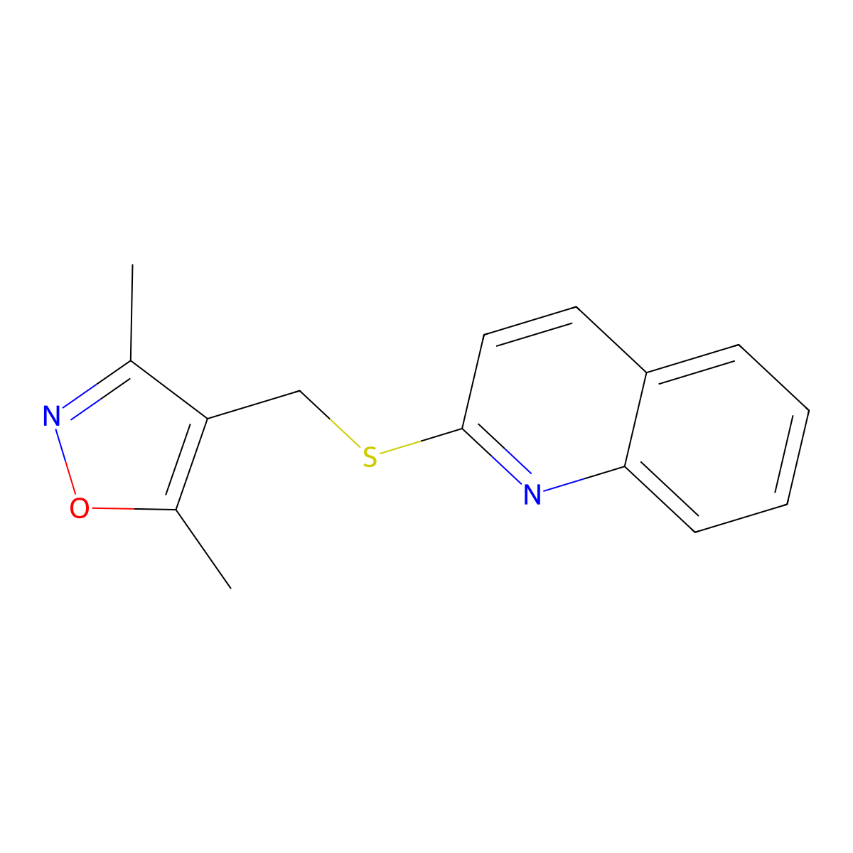 3,5-Dimethyl-4-((quinolin-2-ylthio)methyl)isoxazole molecular structure, CAS 671198-74-6