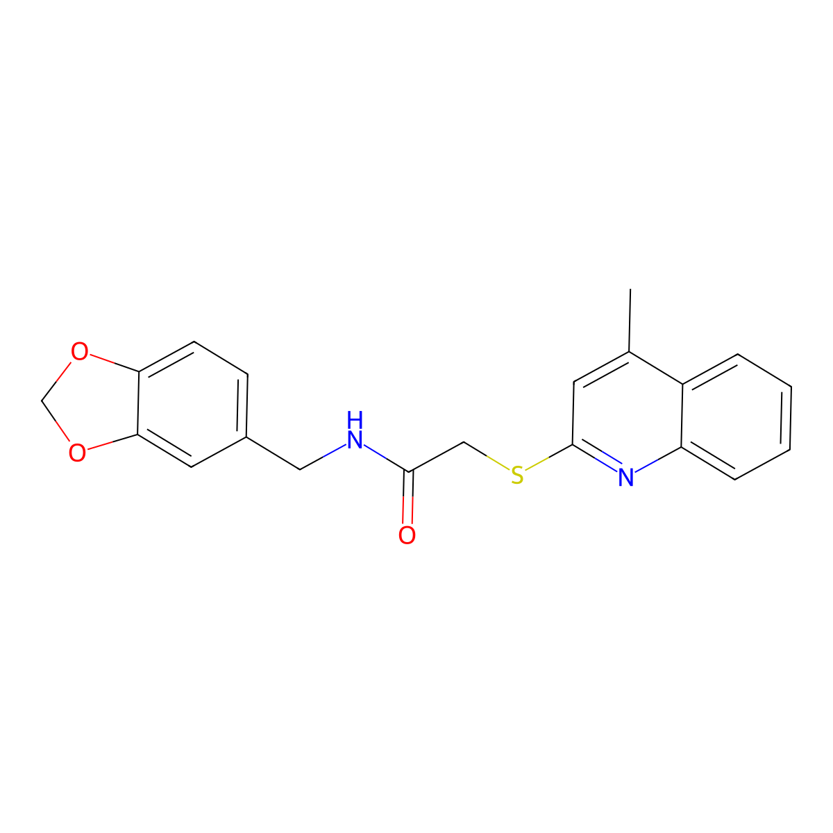 N-(benzo[d][1,3]dioxol-5-ylmethyl)-2-((4-methylquinolin-2-yl)thio)acetamide molecular structure, CAS 671198-81-5