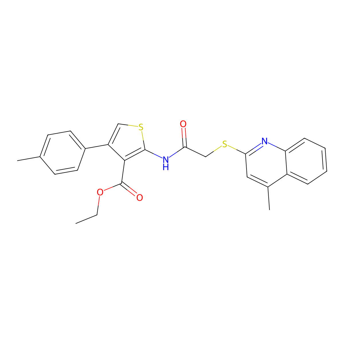 Ethyl 4-(4-methylphenyl)-2-[[2-(4-methylquinolin-2-yl)sulfanylacetyl]amino]thiophene-3-carboxylate molecular structure, CAS 671198-86-0